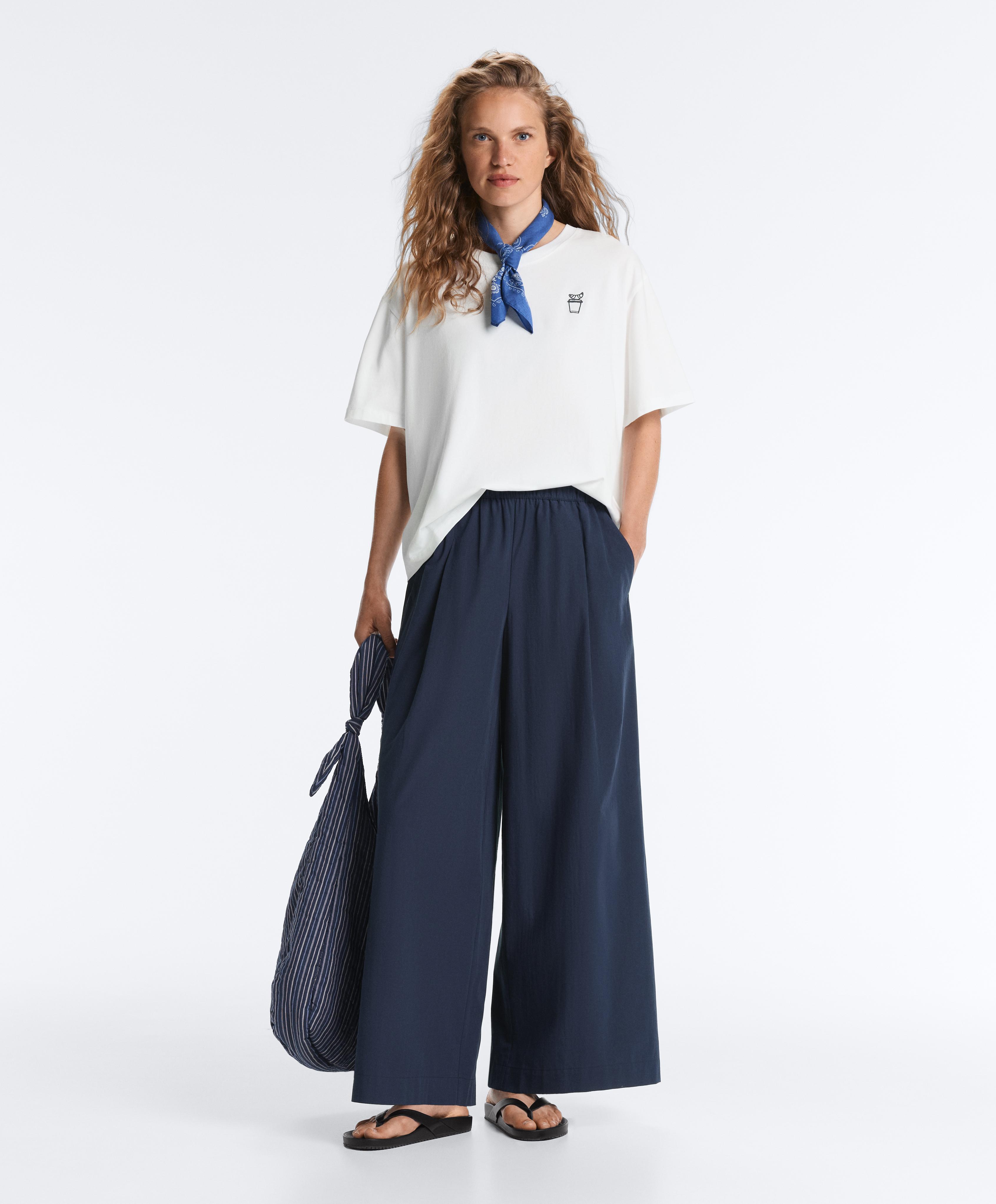 100% cotton poplin wide-leg trousers — NAVY BLUE