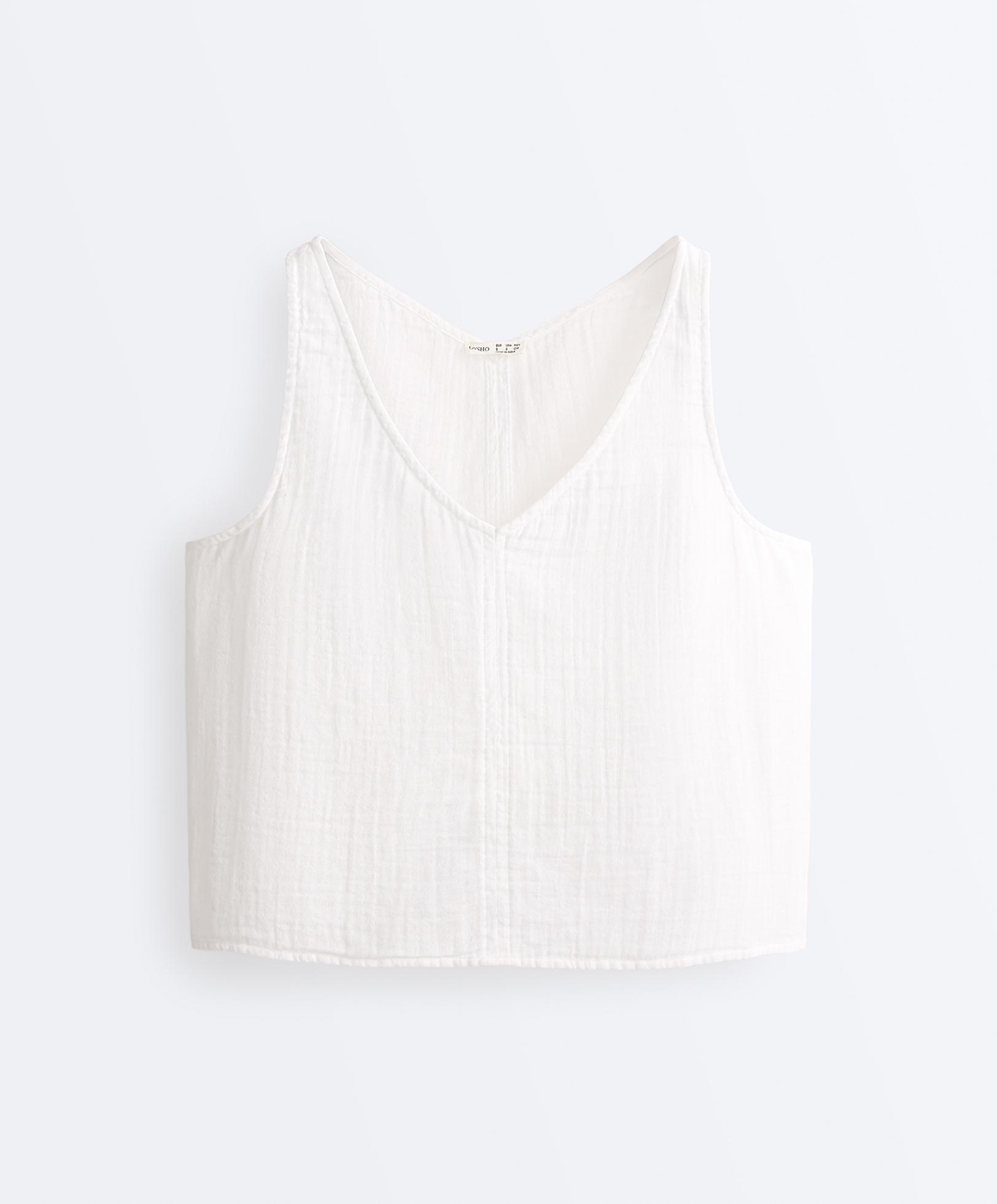 100% cotton gauze V-neck strappy top — WHITE