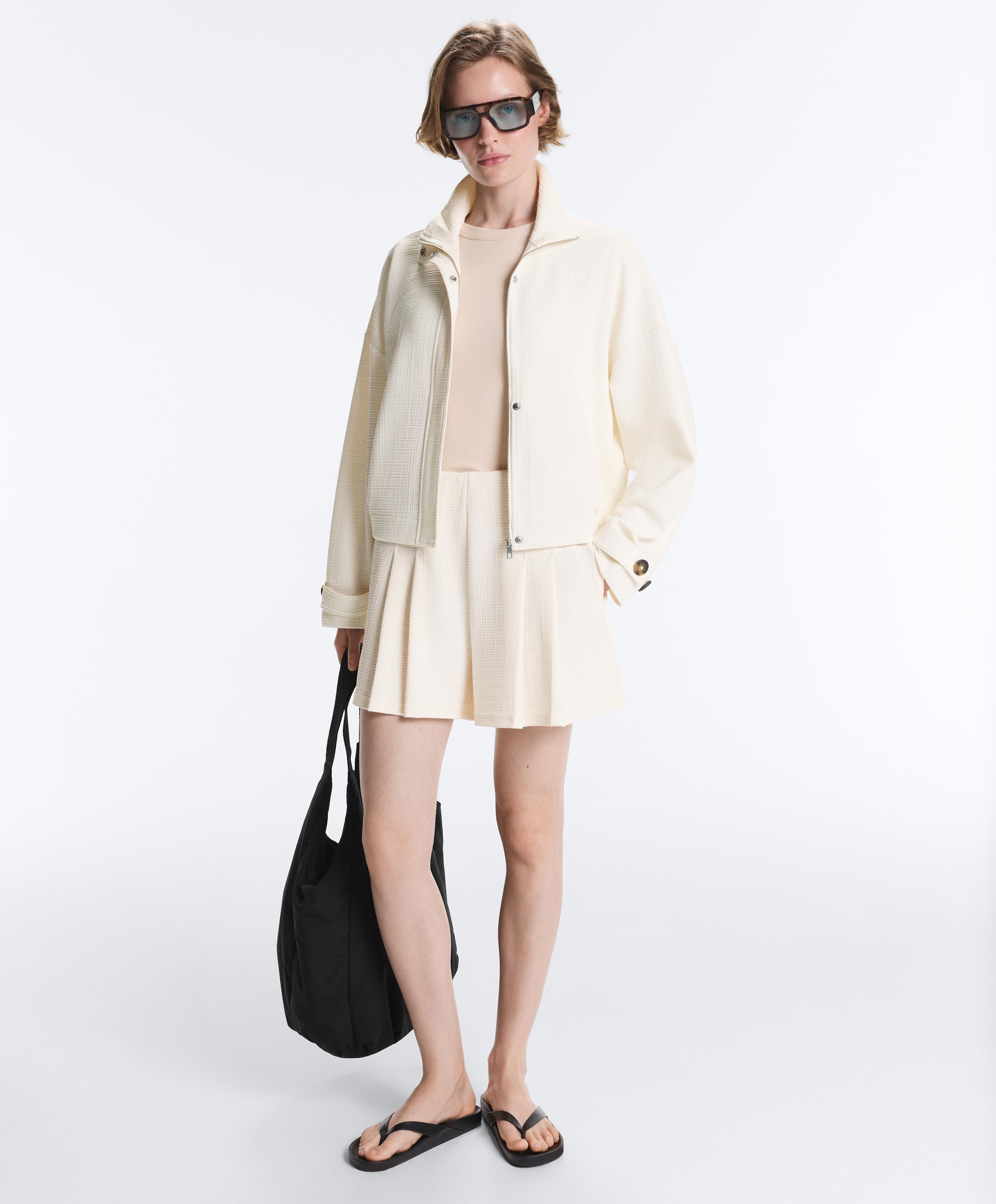 Cotton stripe texture cropped jacket — PALE ECRU