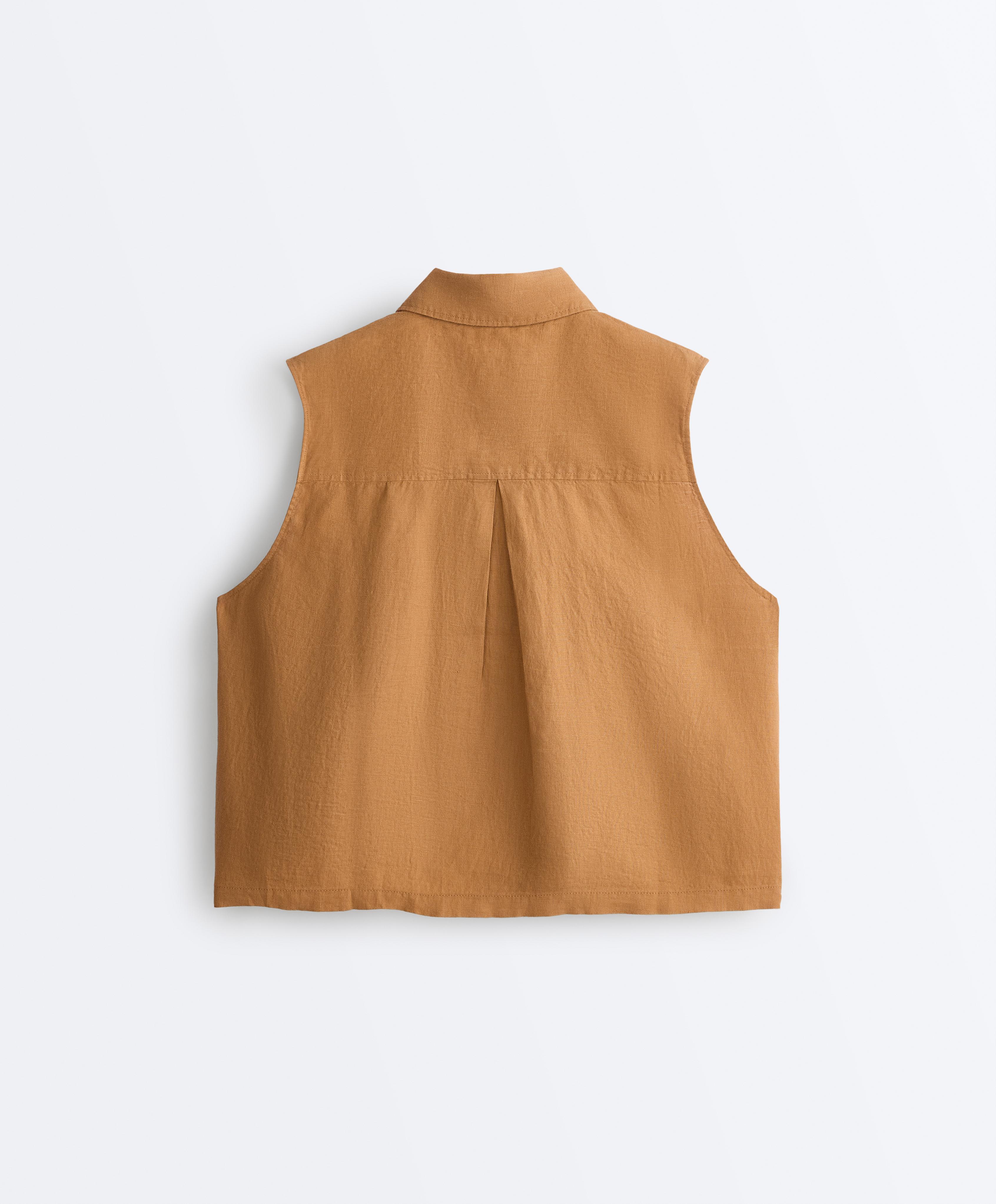 Sleeveless cropped 100% linen shirt — MUSTARD