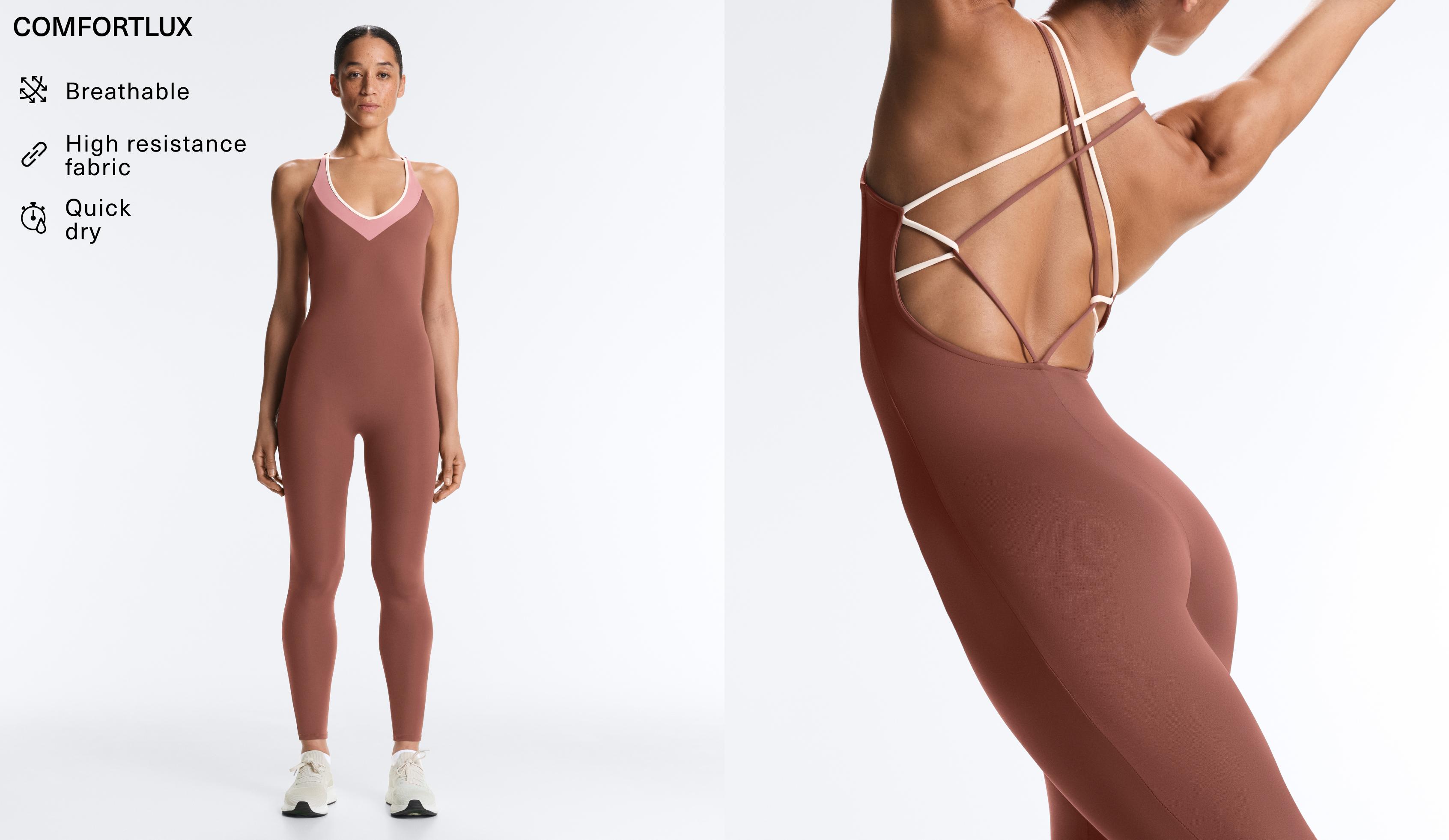 Comfortlux block long jumpsuit — MAHOGANY