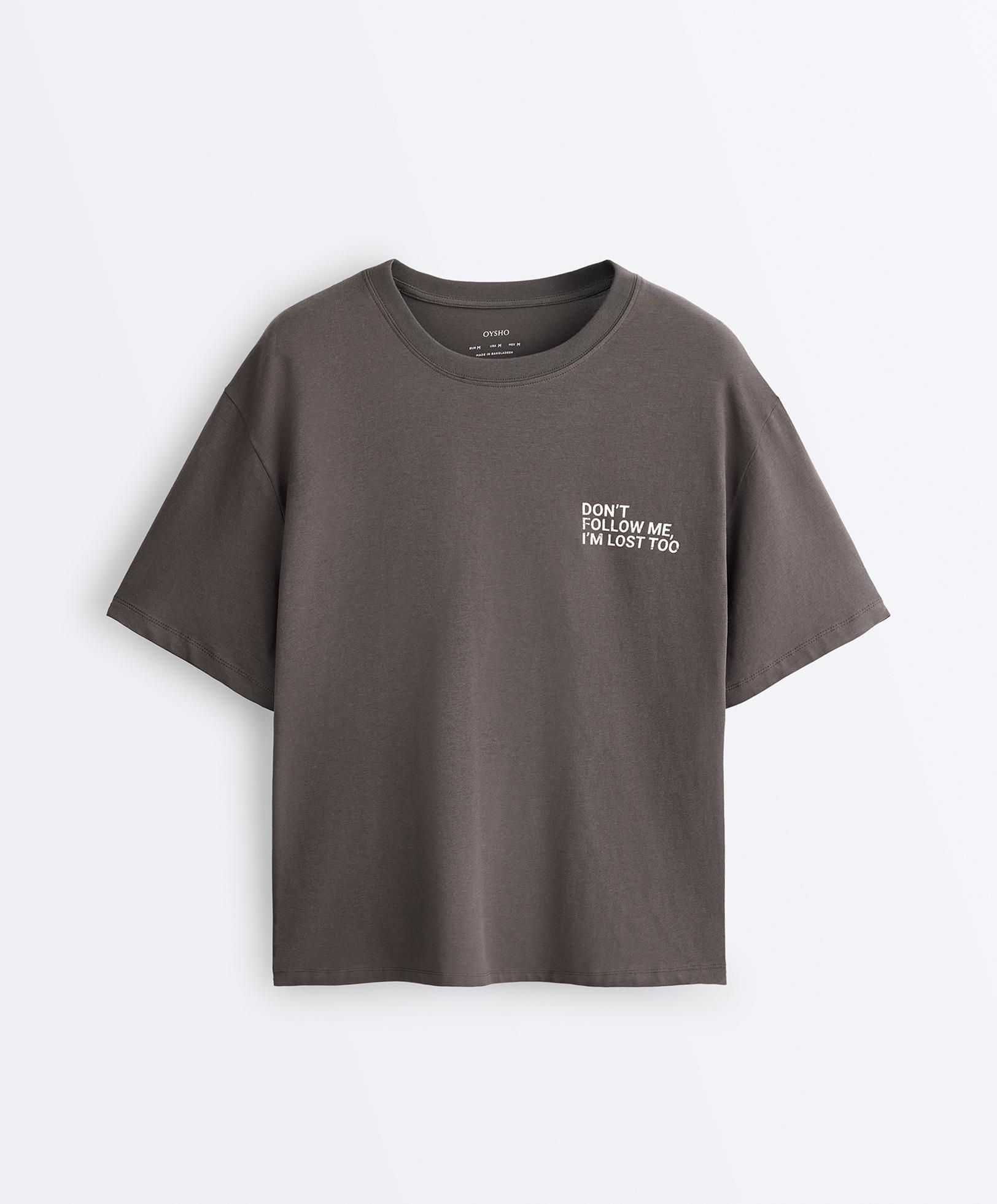 Boxy cotton blend T-shirt with slogan — CHARCOAL