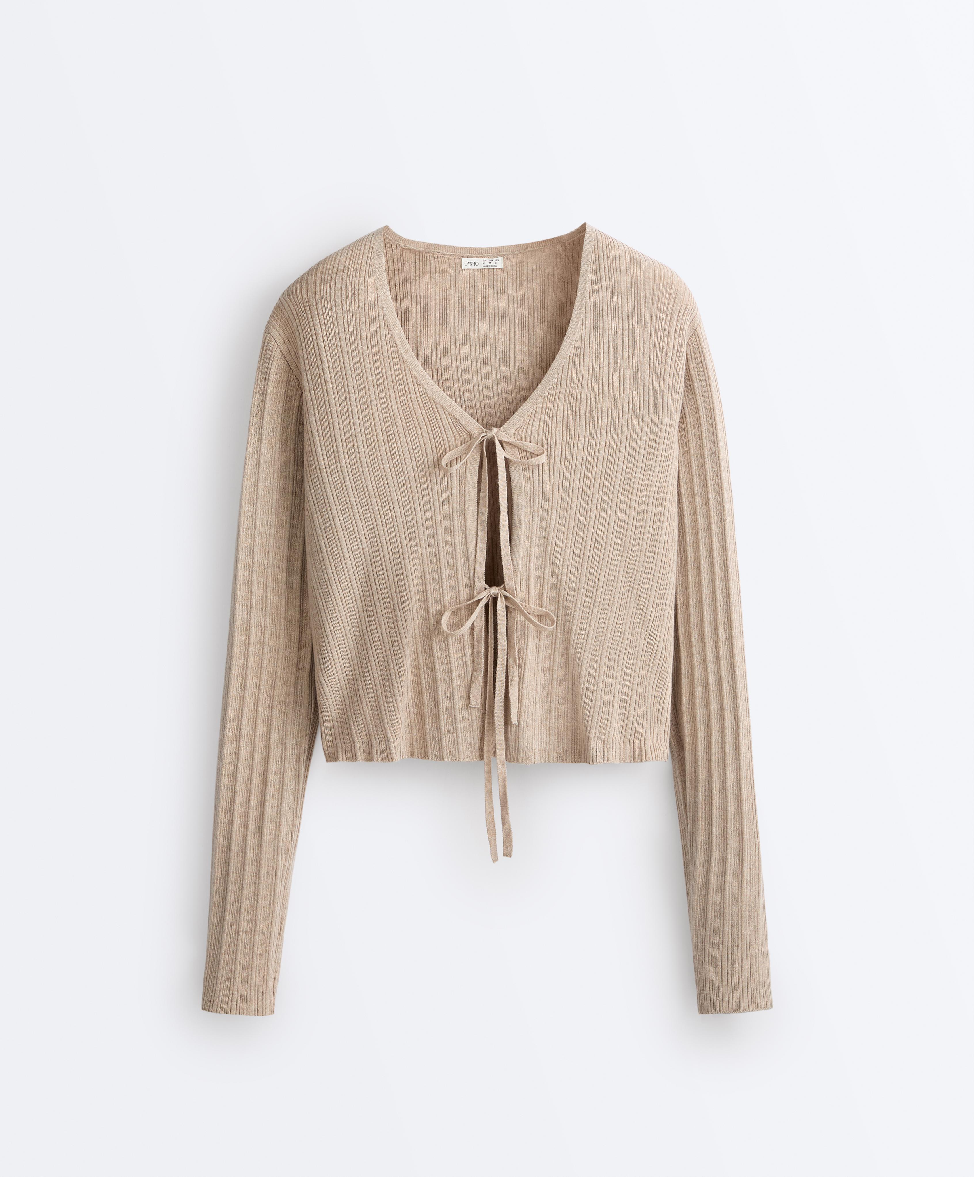 Önden Bağcıklı Rib Örgü Hırka