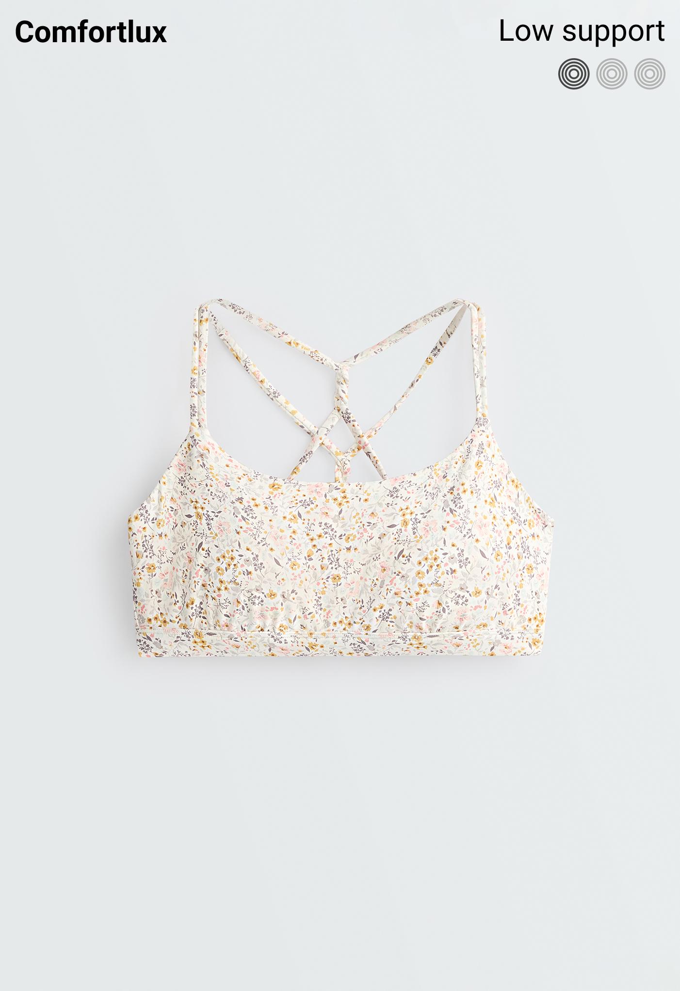 Floral print medium-support Comfortlux sports bra — PALE ECRU