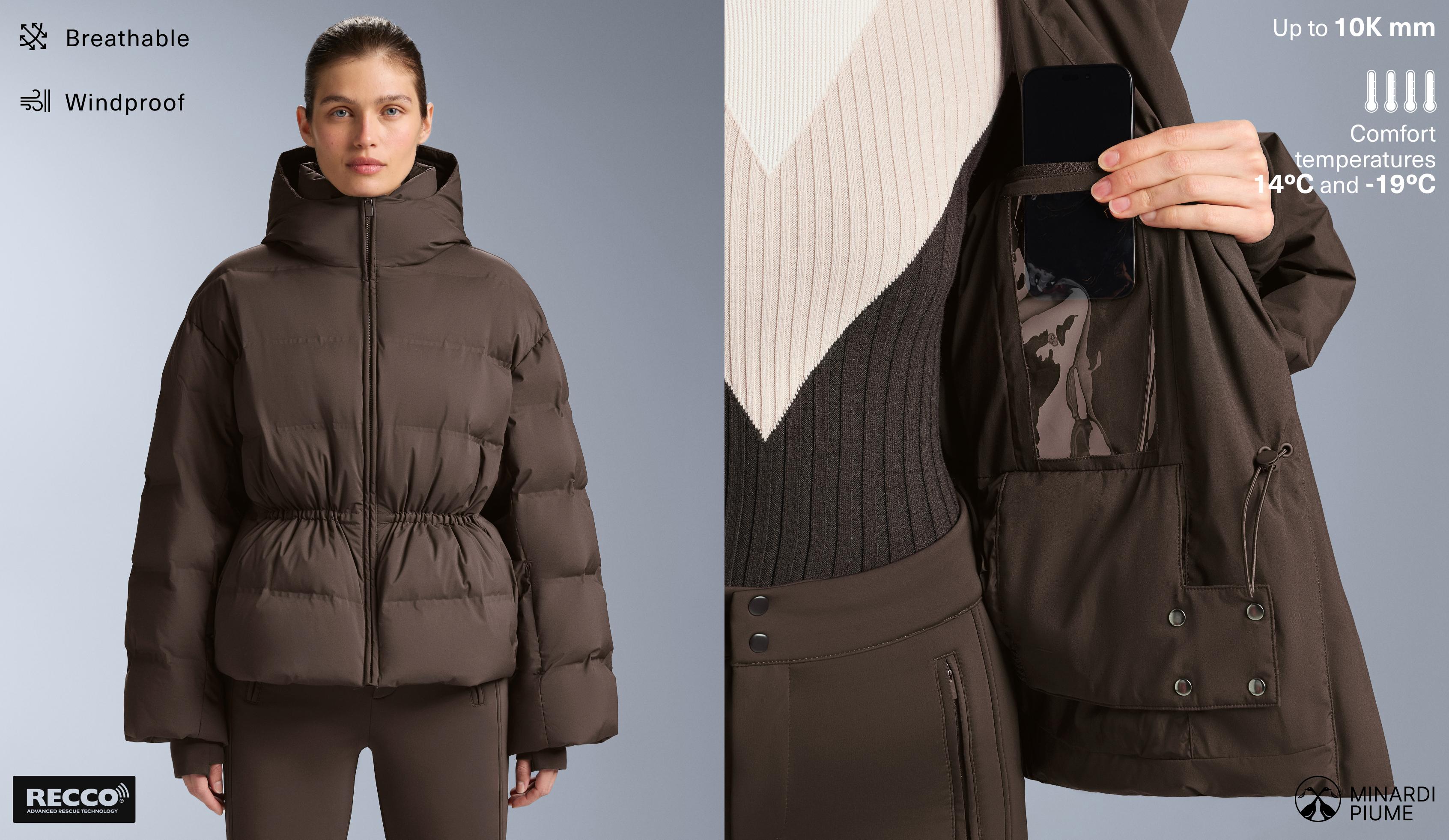 Lightweight padded jacket with 80% down and 20% MINARDI PIUME SKI water-resistant filling — DARK BROWN