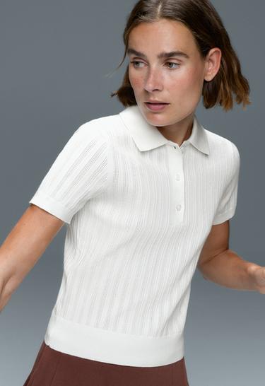 Short sleeve open knit polo shirt — WHITE  3