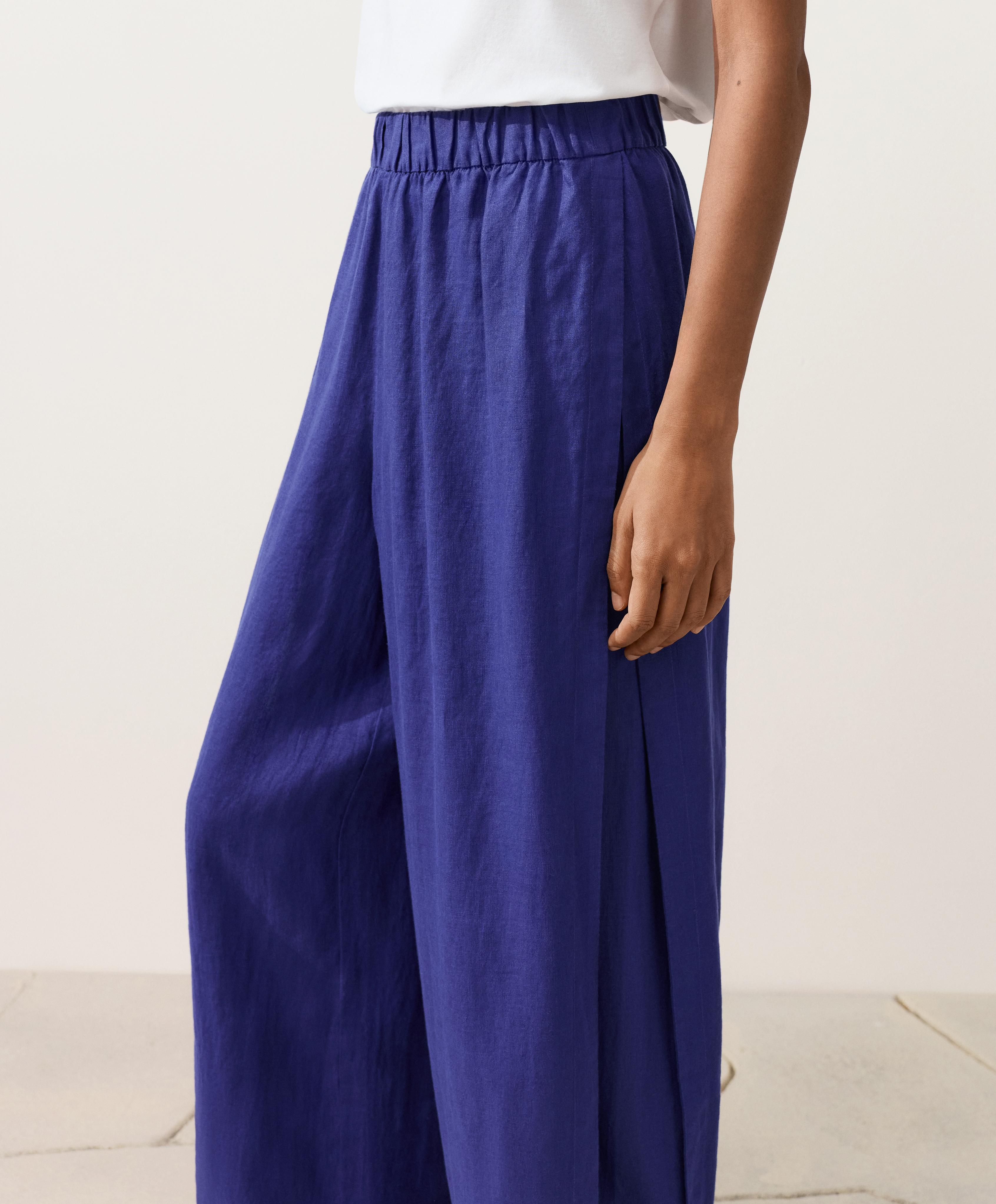 100% linen wide-leg trousers with side pleat — COBALT