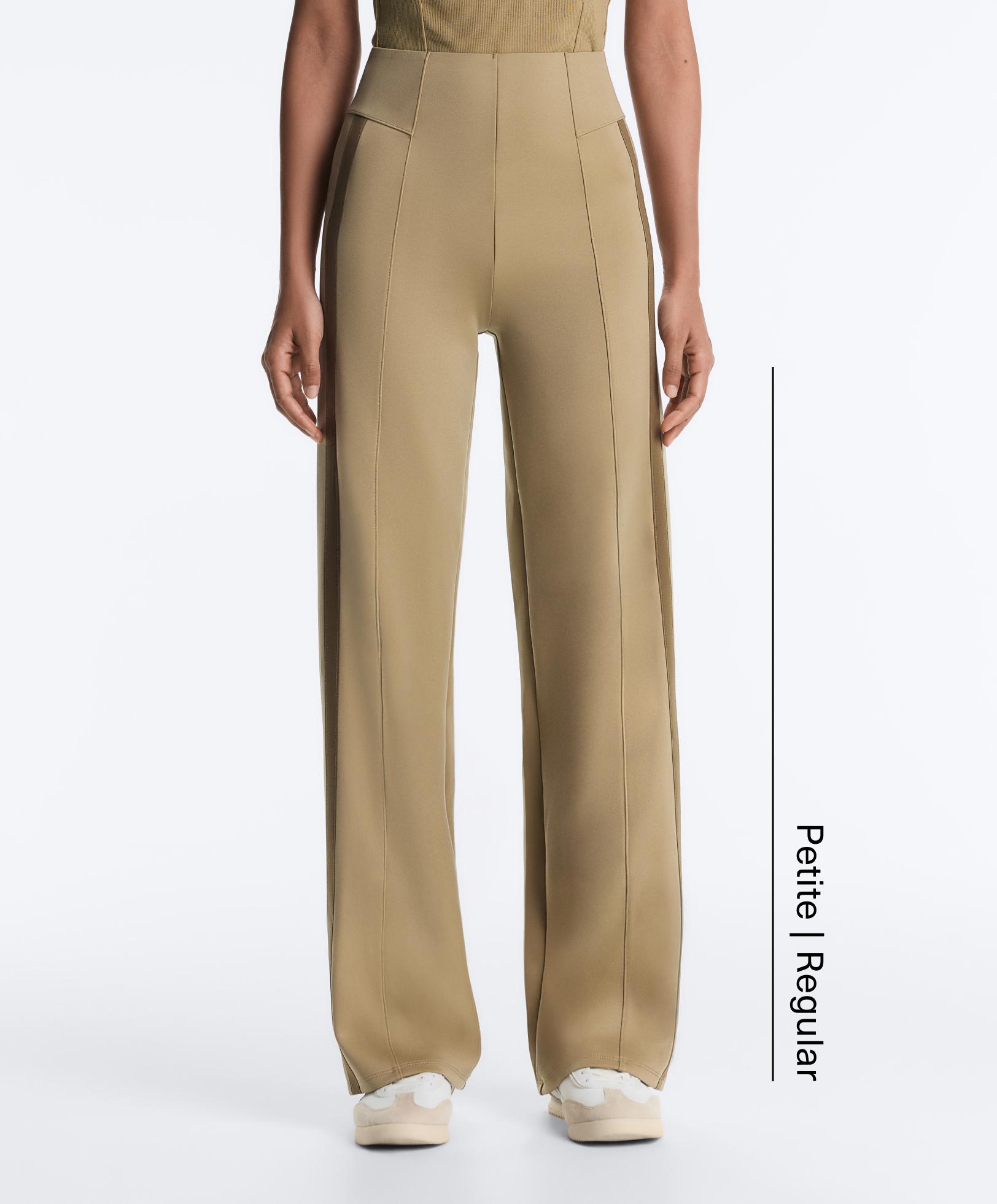 High rise neoprene-effect straight-leg trousers with piping — GREEN BEIGE