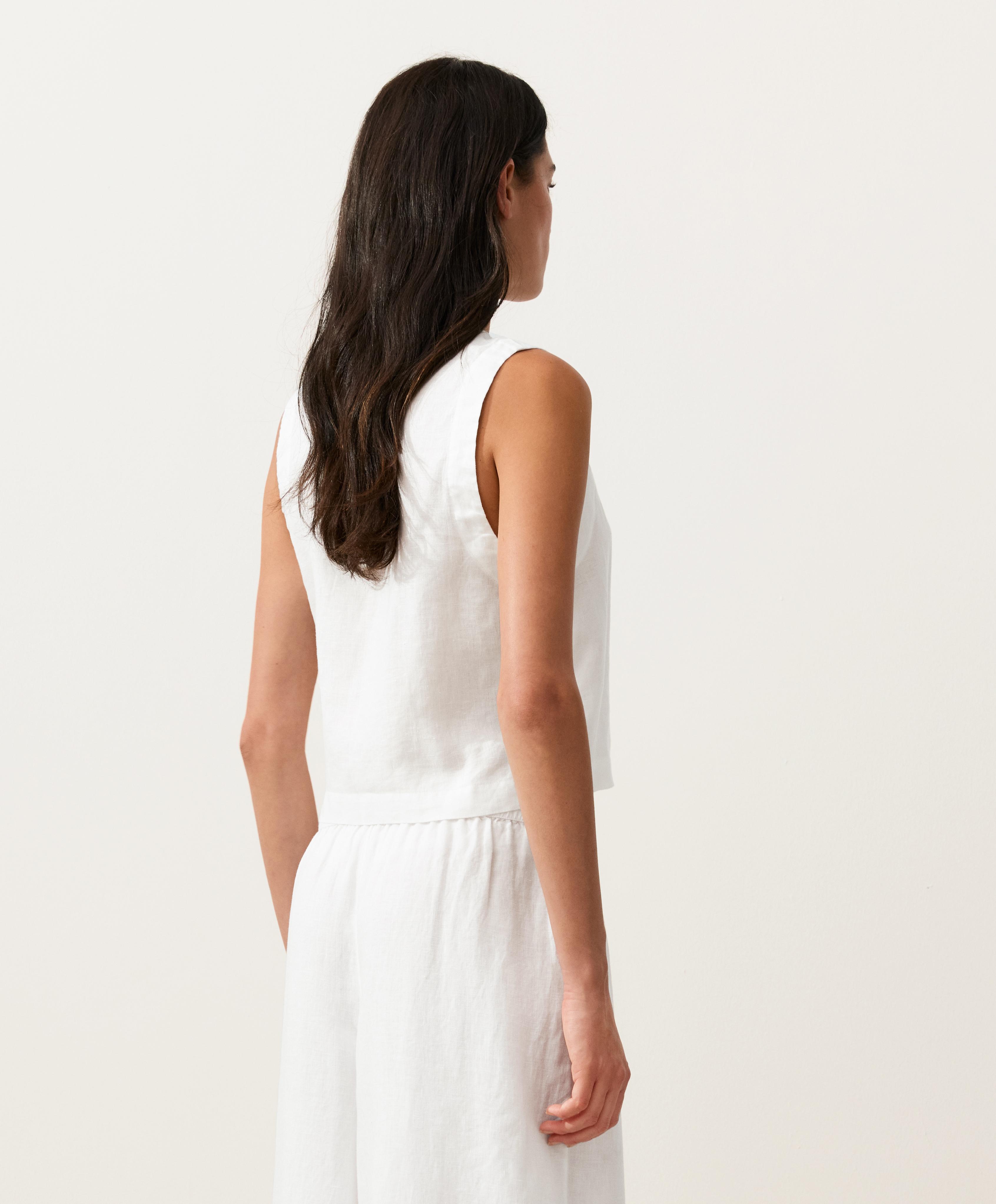100% linen crossover top with tie fastening — WHITE 