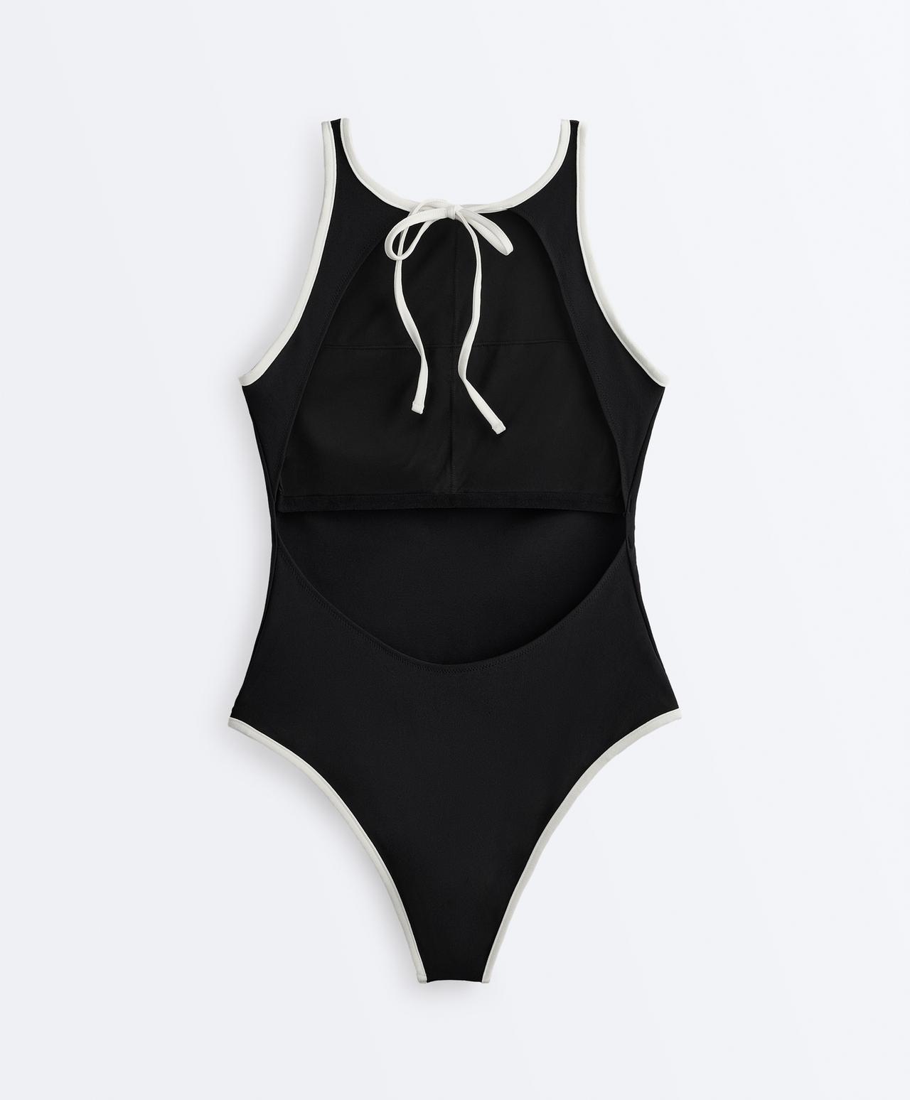 Contrast trim halterneck swimsuit — BLACK