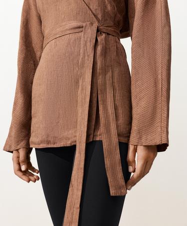 Striped 100% linen kimono shirt — TAN MELANGE 5