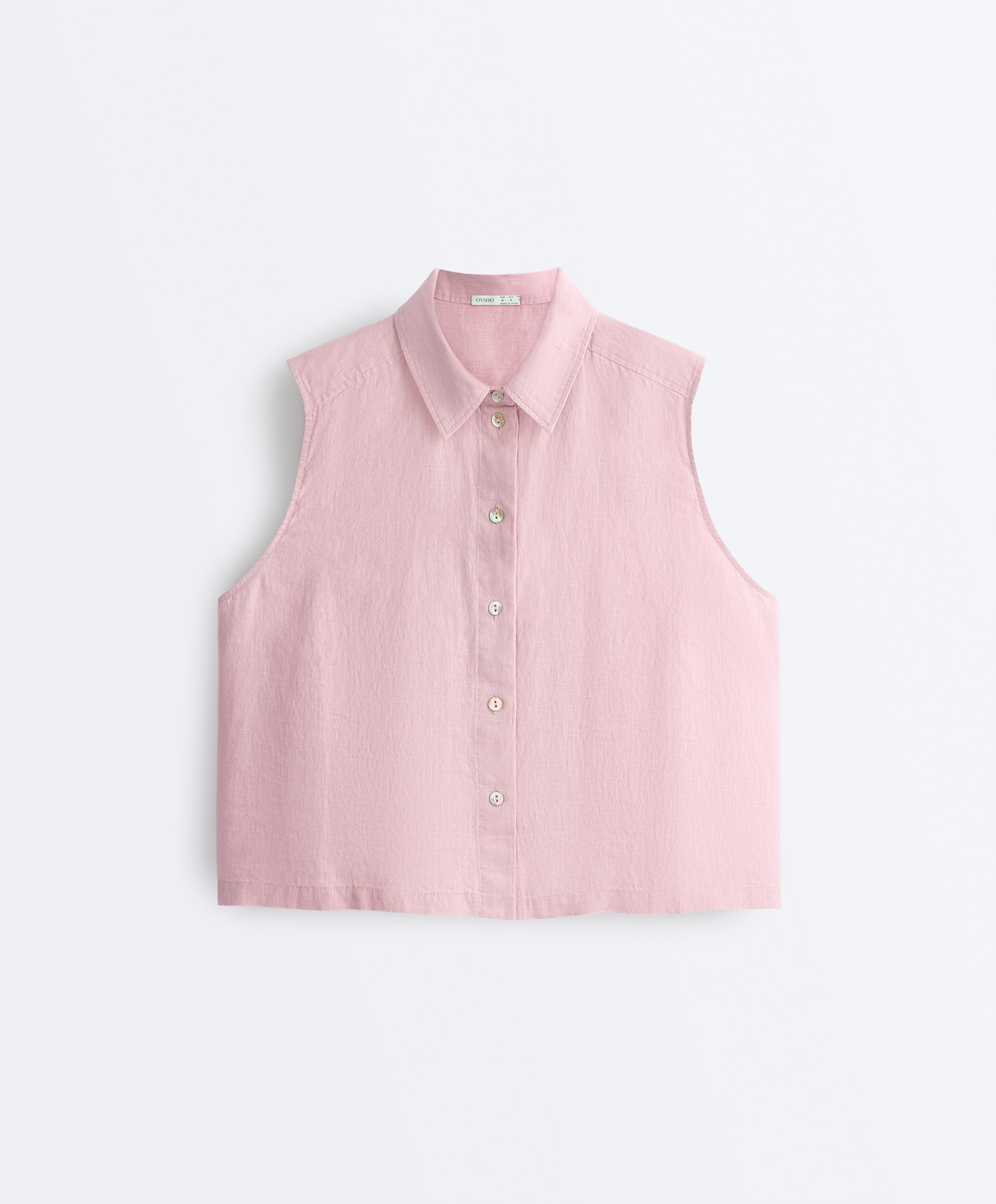 Sleeveless cropped 100% linen shirt — DUSTY PINK