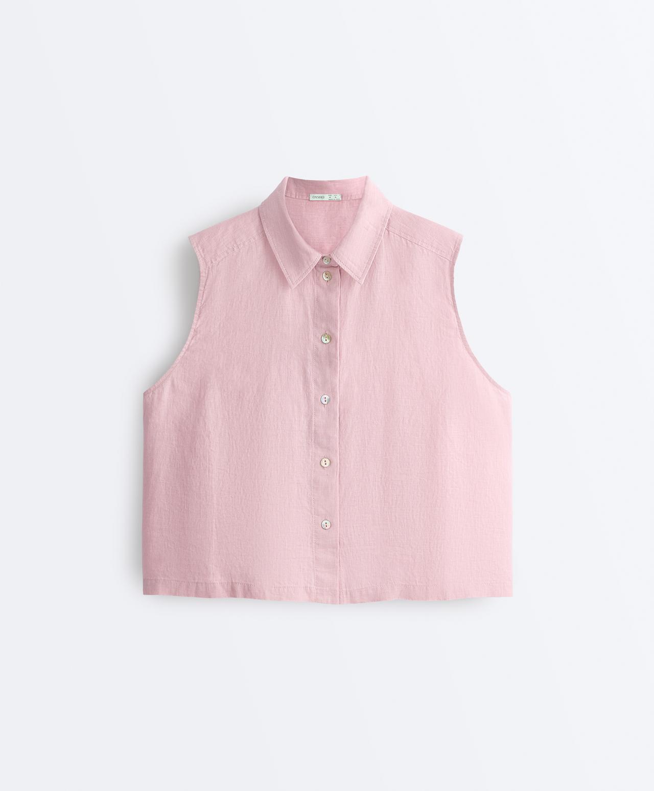 Sleeveless cropped 100% linen shirt — DUSTY PINK