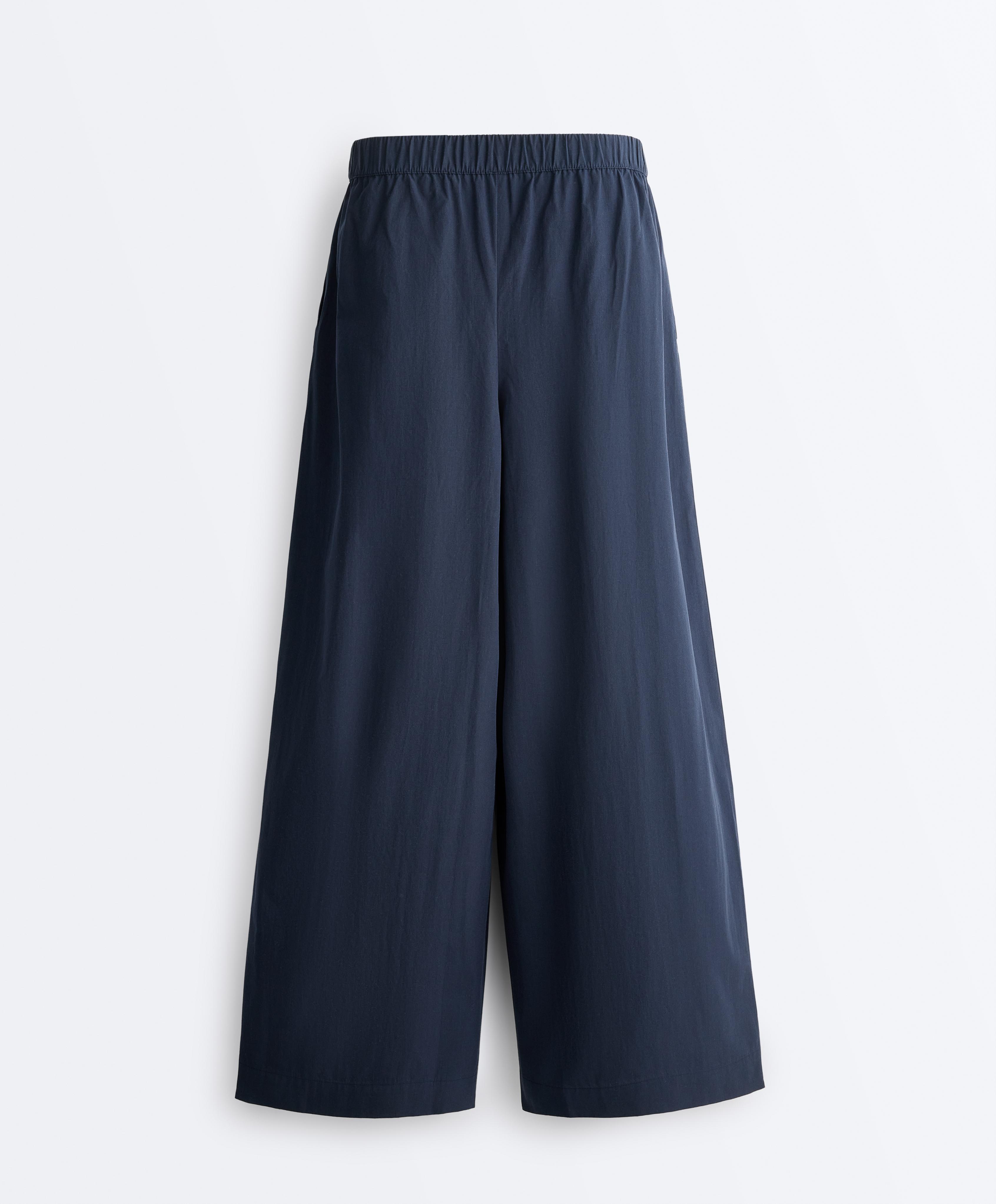 100% cotton poplin wide-leg trousers — NAVY BLUE