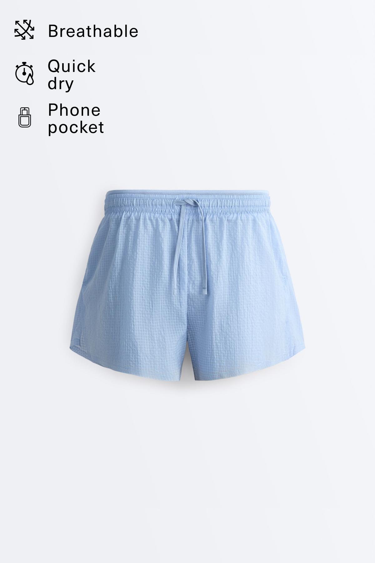 Technical 2-in-1 checked mid-rise shorts — MID GREY-BLUE