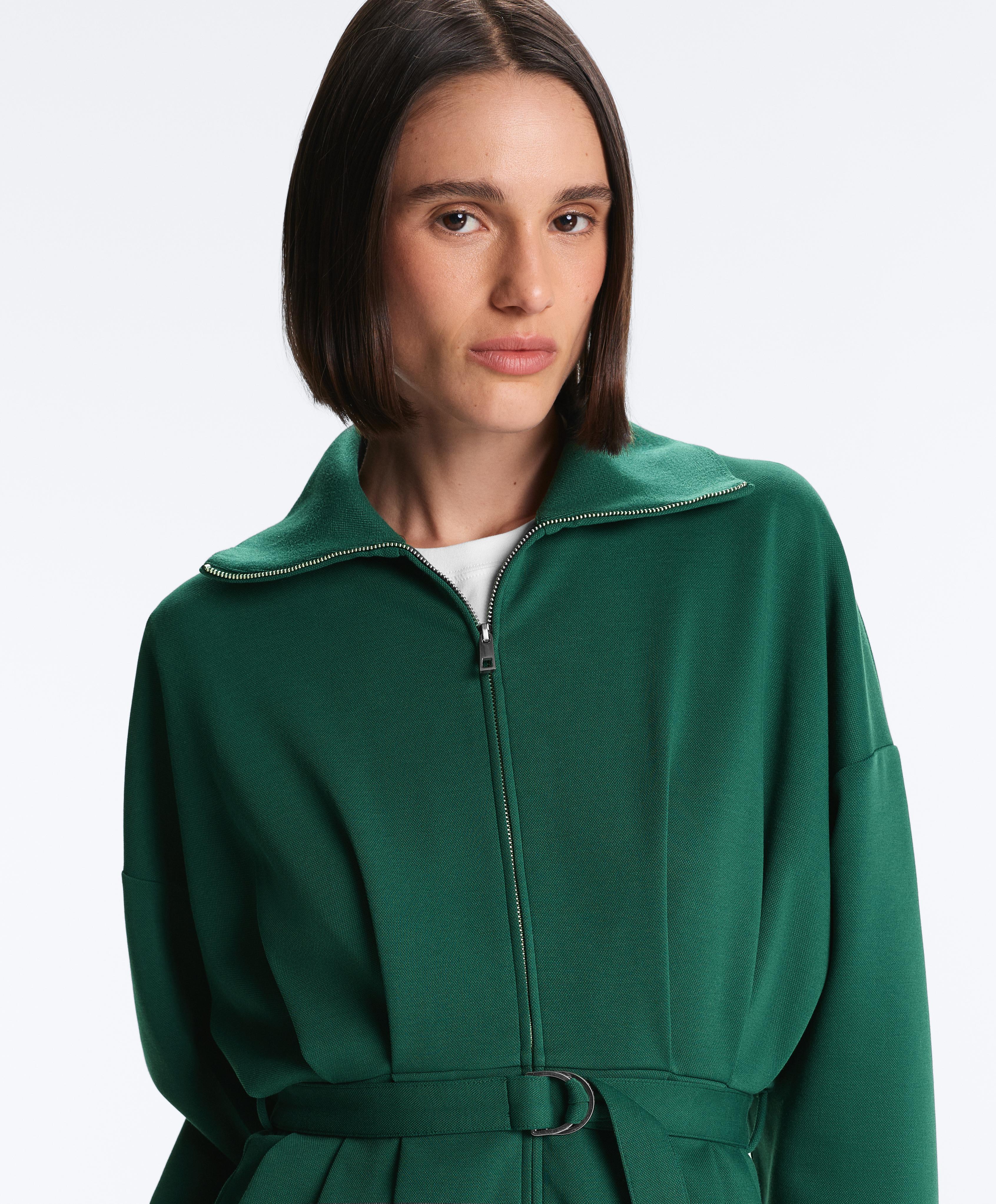 Long cotton piqué belted jacket — DARK EMERALD