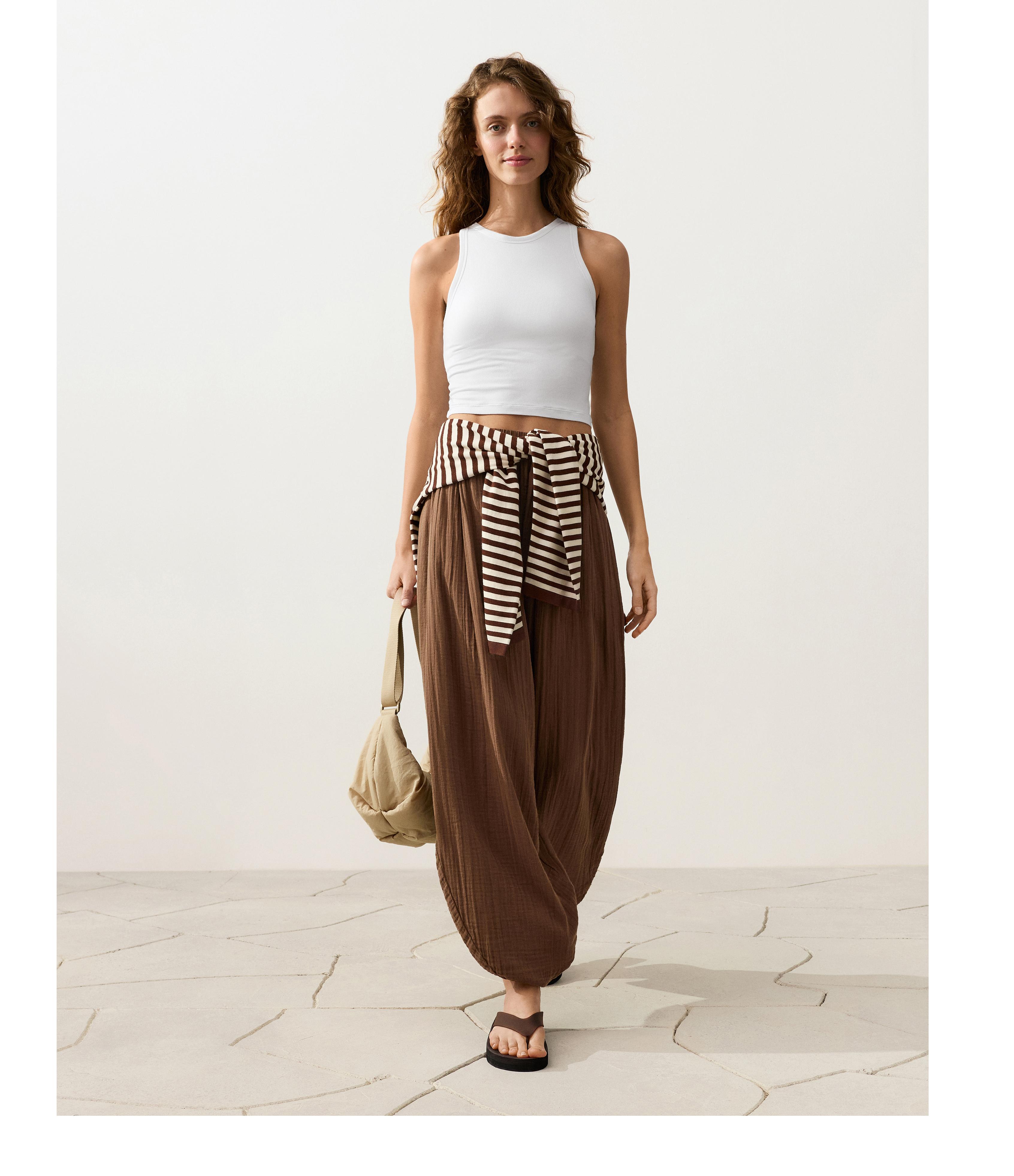 100% cotton muslin balloon trousers — TAN
