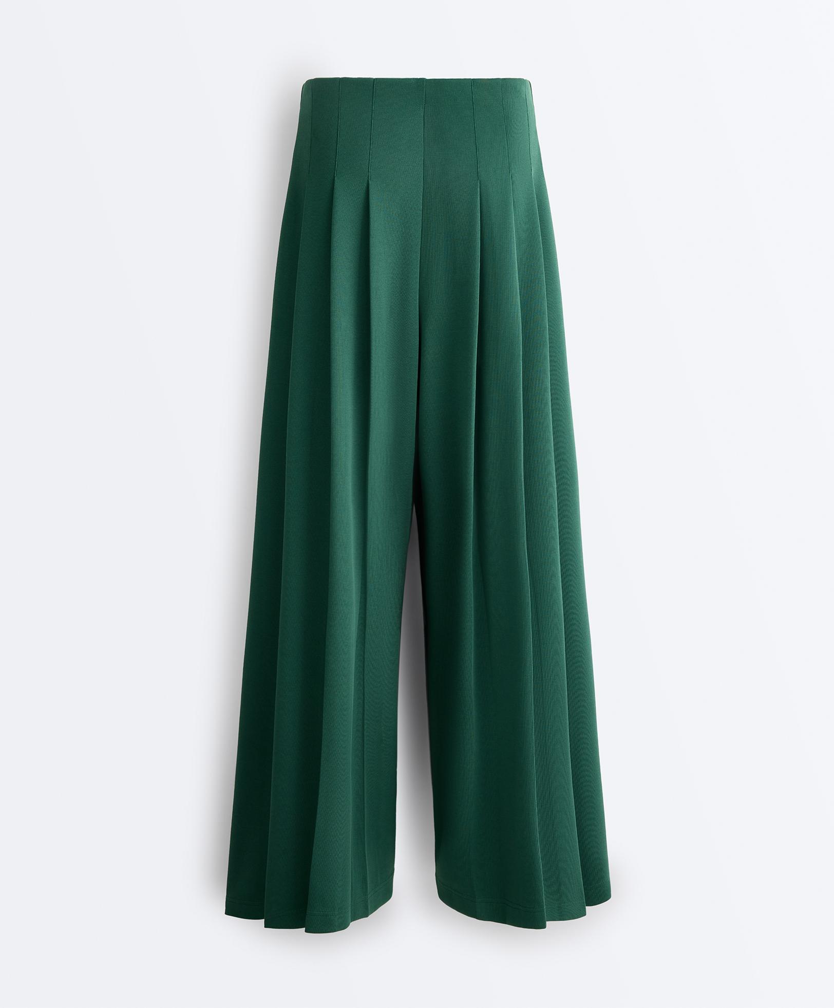 Cotton wide-leg pique trousers with pleats — DARK EMERALD