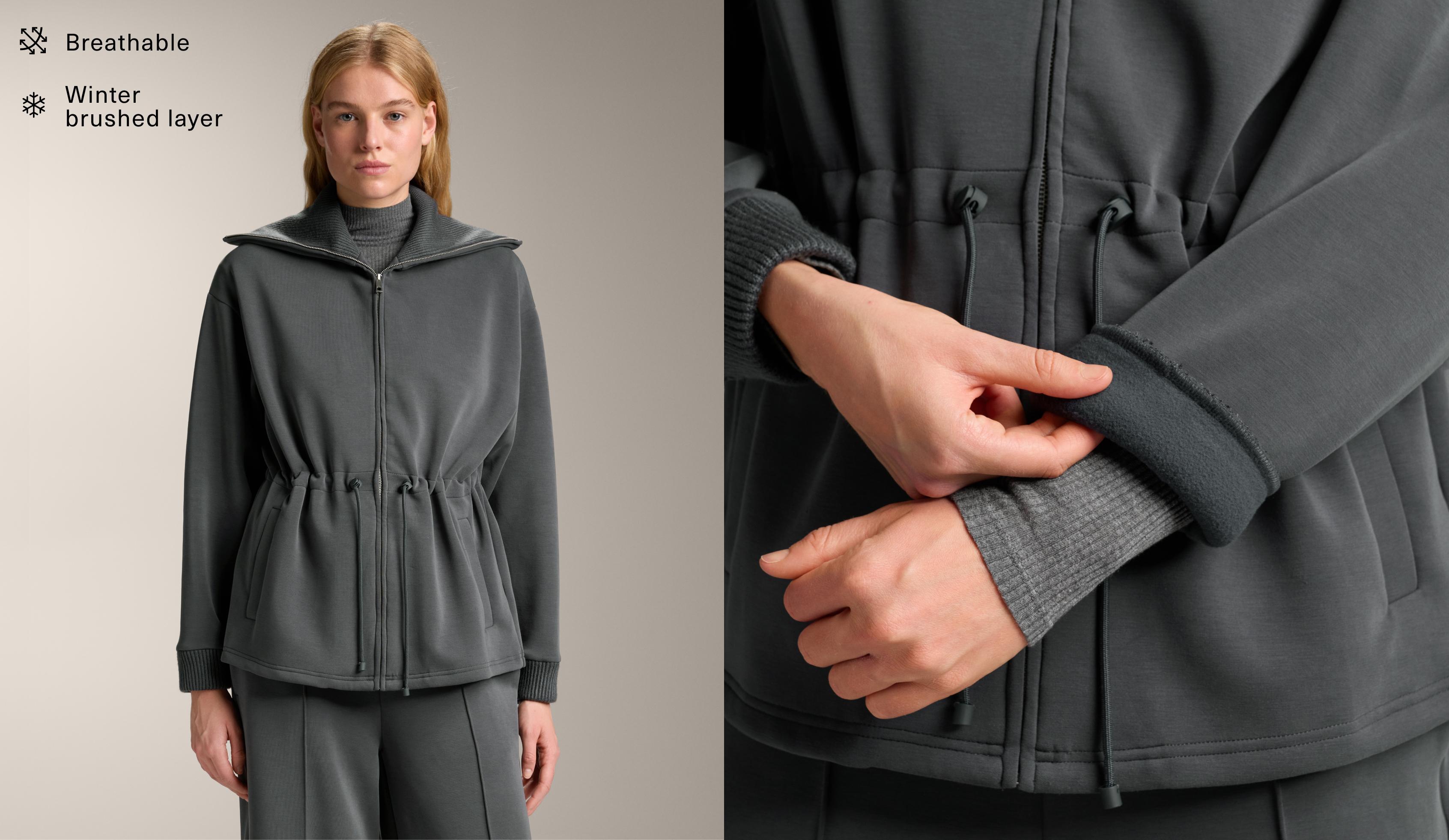 Lange Jacke mit verstellbarer Taille, Stehkragen aus Trikot und Modal brushed Lange Jacke mit verstellbarer Taille, Stehkragen aus Trikot und Modal brushed