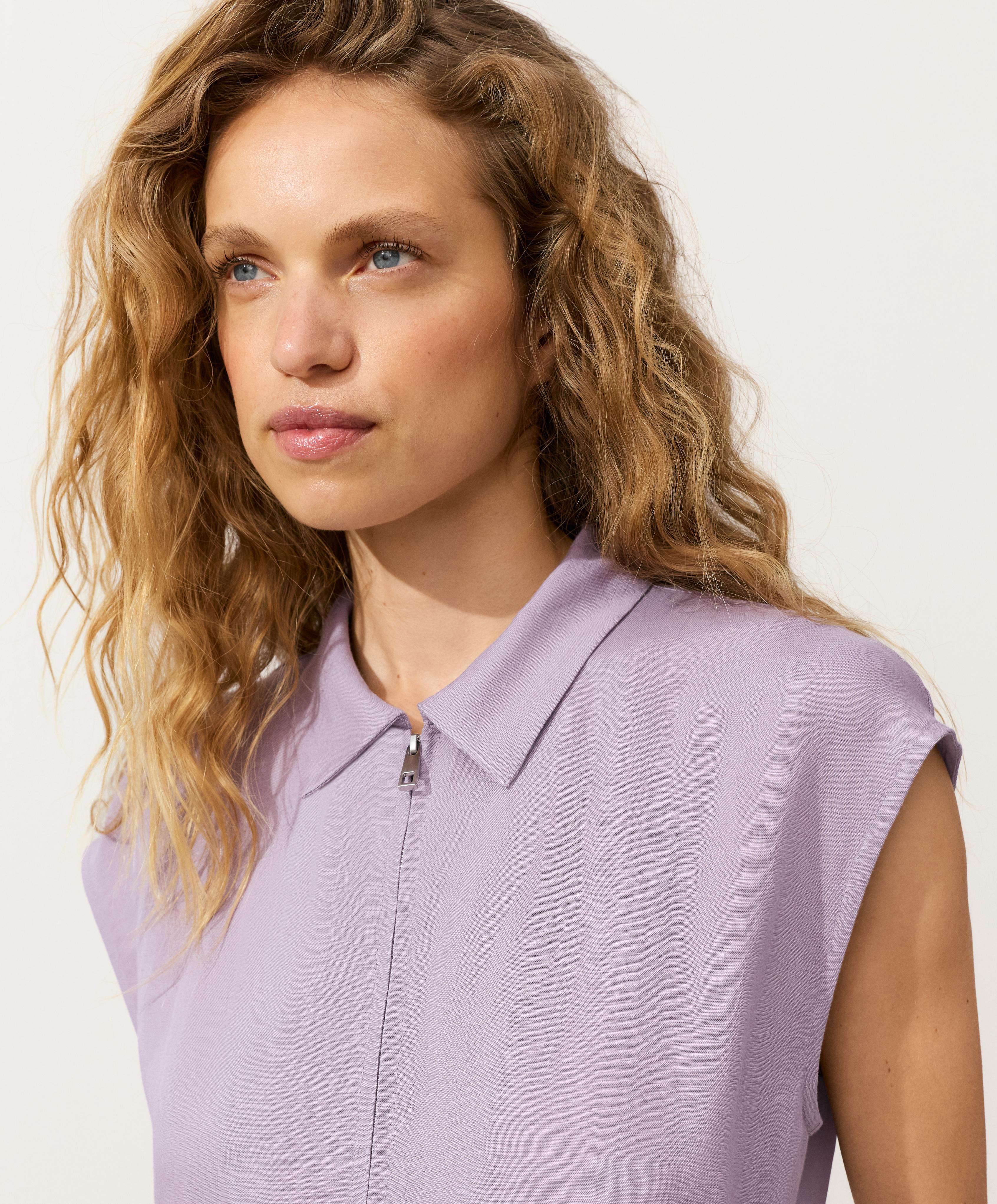 Linen long jumpsuit with lapel collar — LILAC
