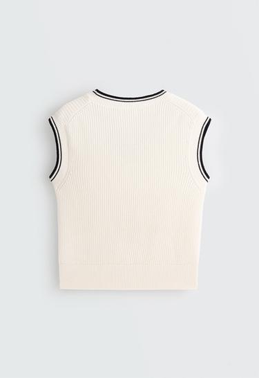 Contrast 100% cotton knit vest — PALE ECRU 5