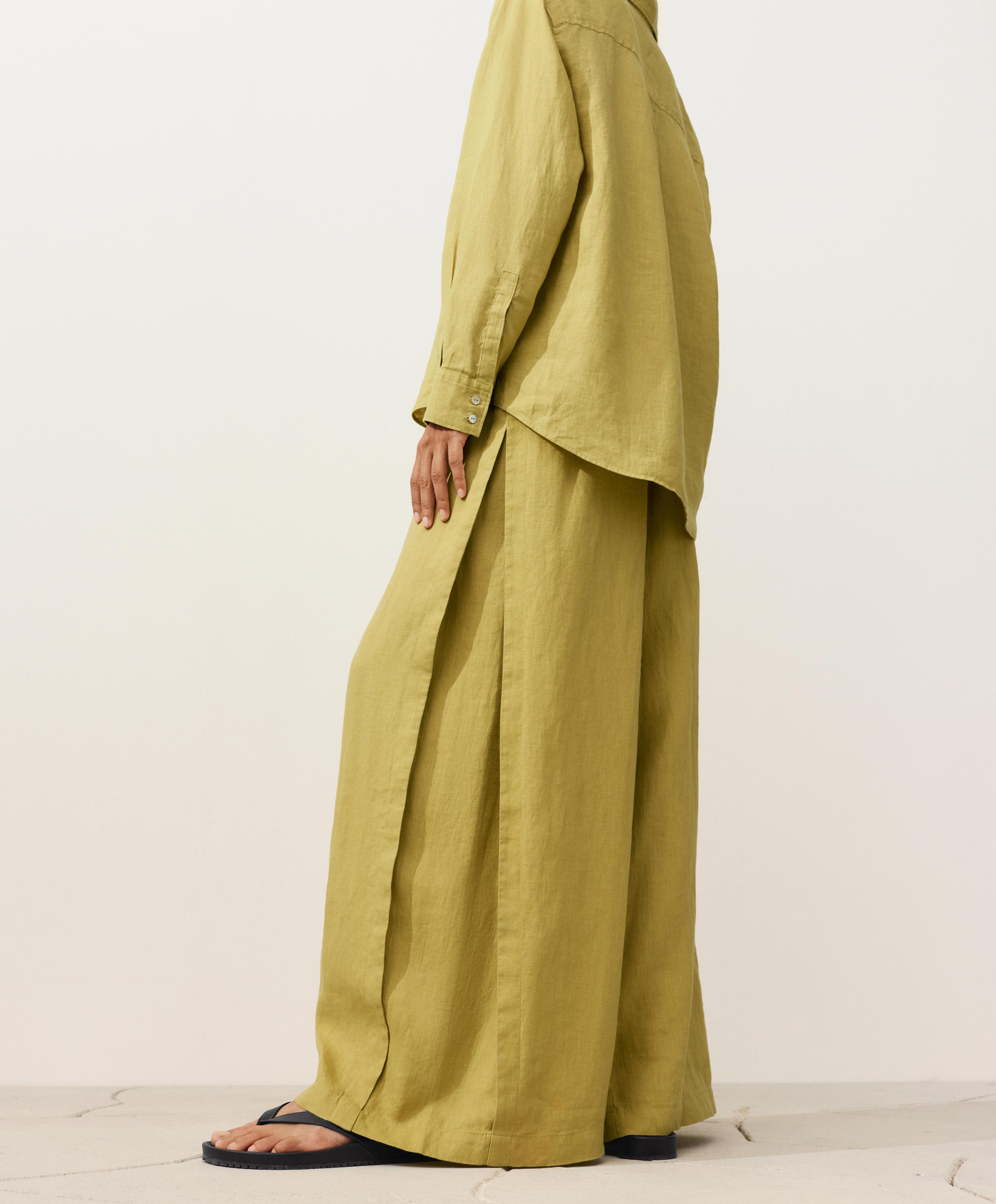 100% linen wide-leg trousers with side pleat — LIME GREEN