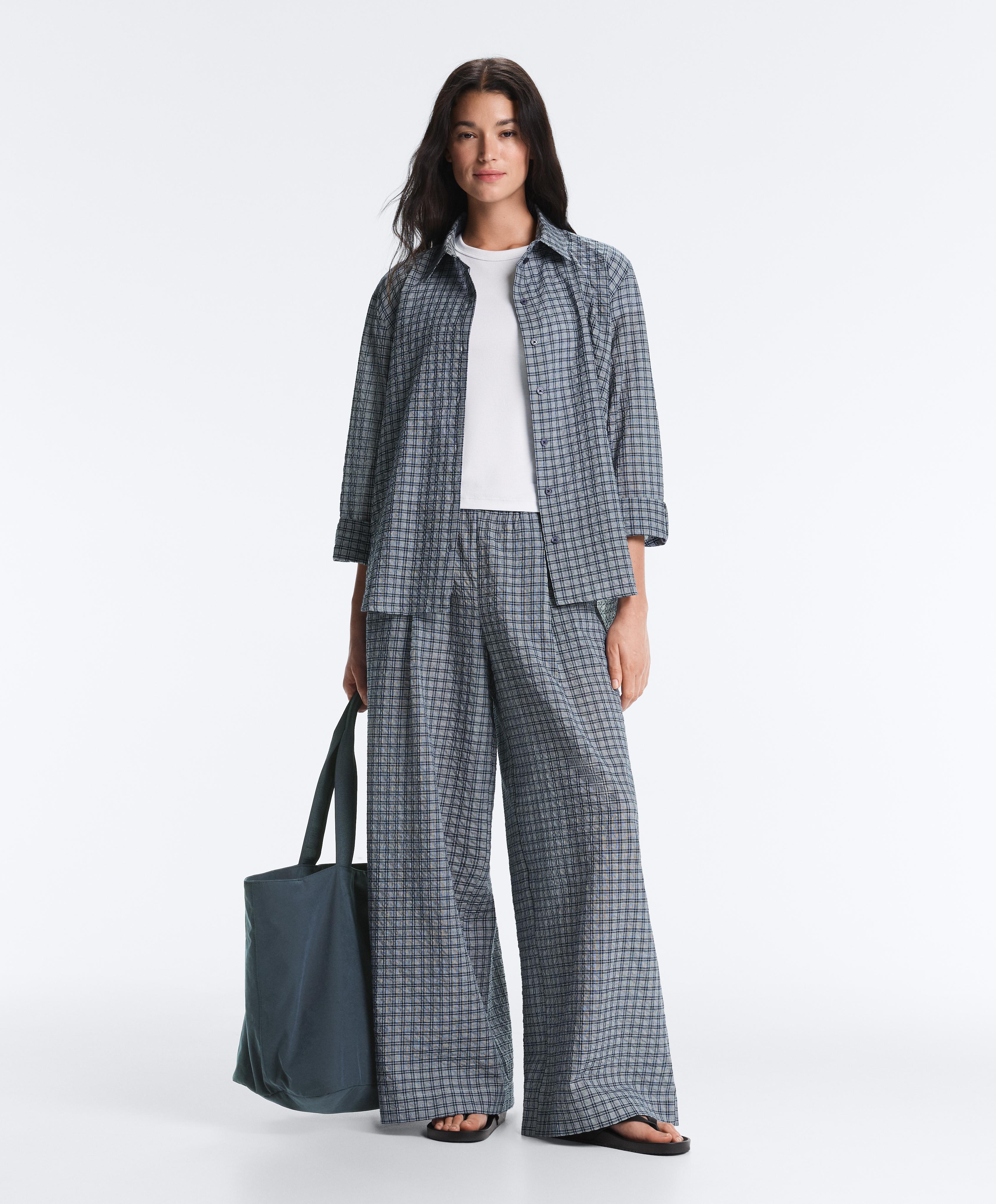 Check cotton blend wide-leg trousers — GREY-BLUE