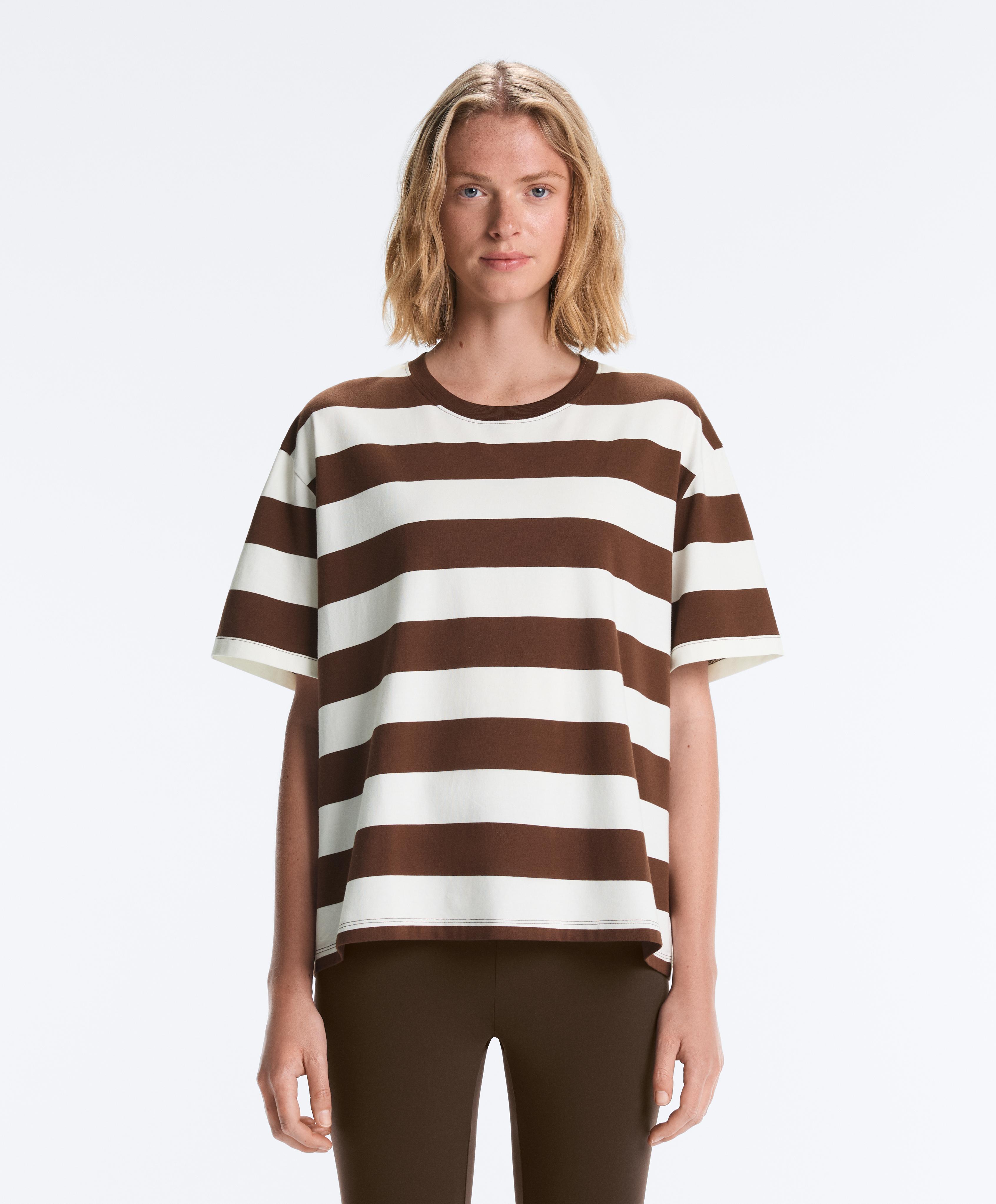 Striped boxy short-sleeve cotton blend T-shirt — DARK BROWN