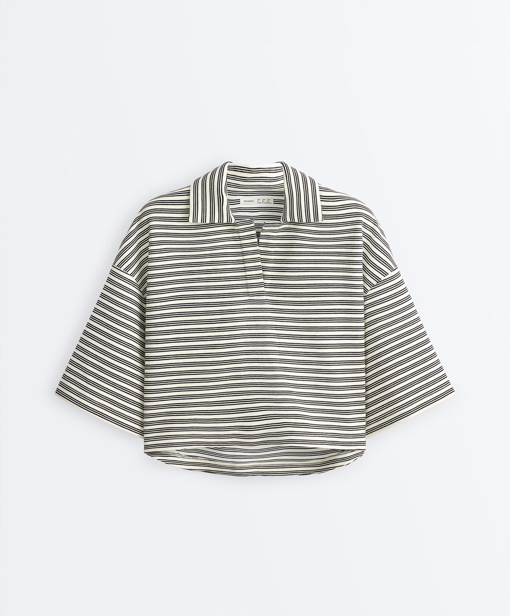 Relaxed striped cotton blend polo shirt — PALE ECRU