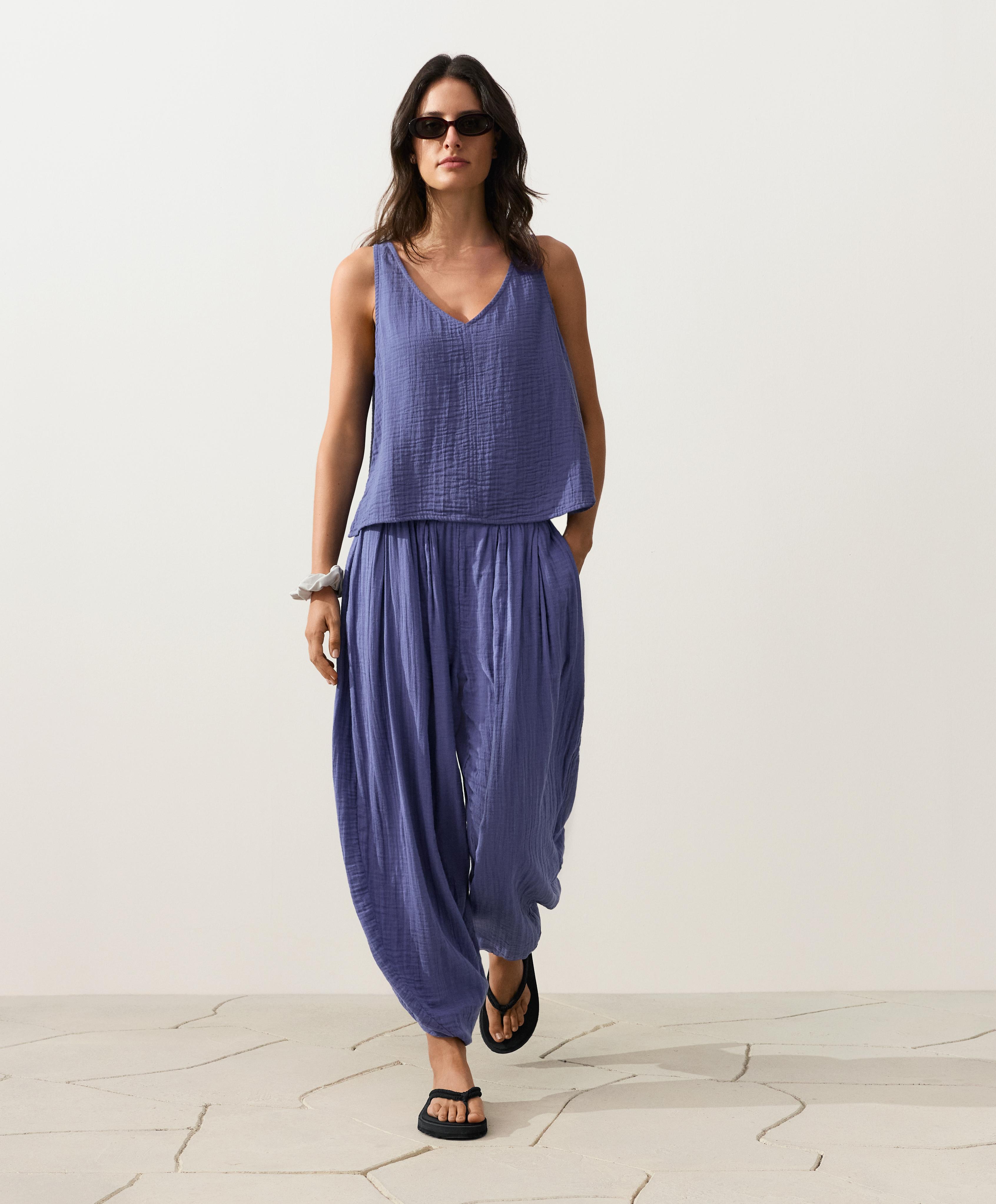 100% cotton muslin balloon trousers — BLUEBERRY