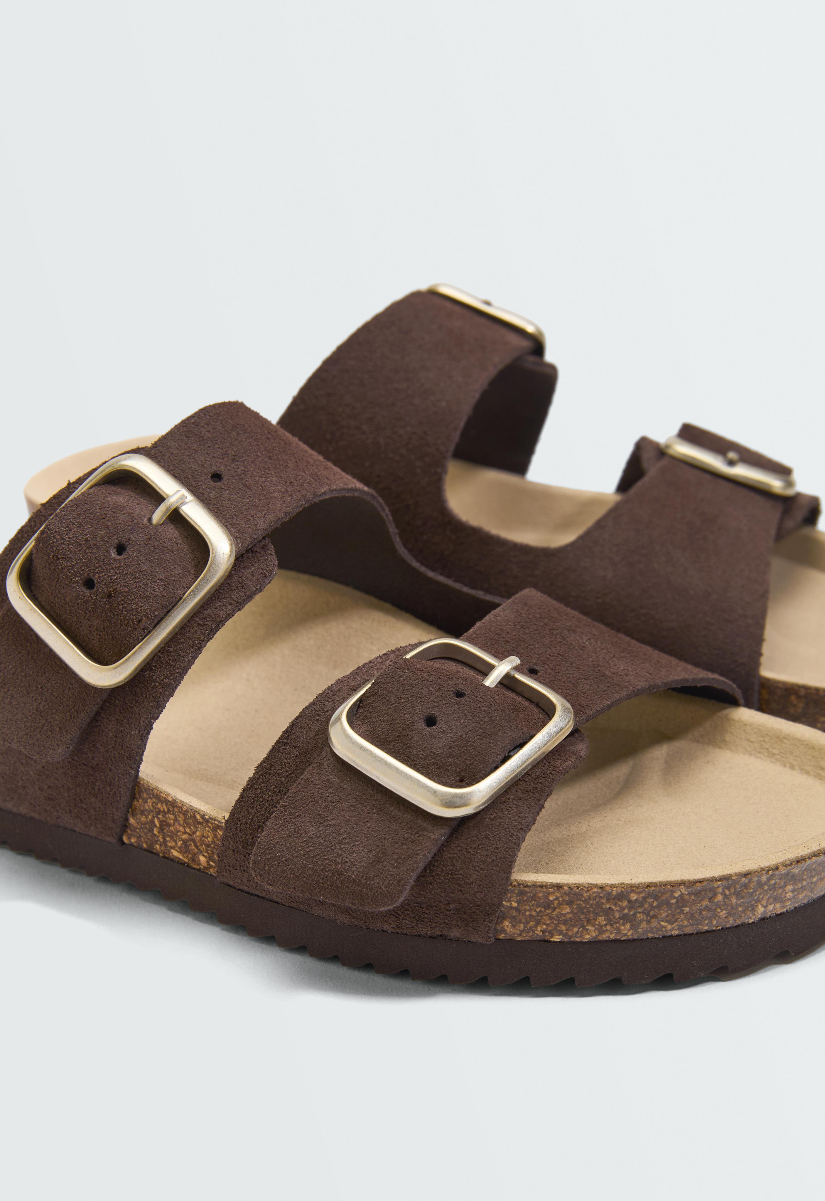 Buckle split-leather slides — BROWN