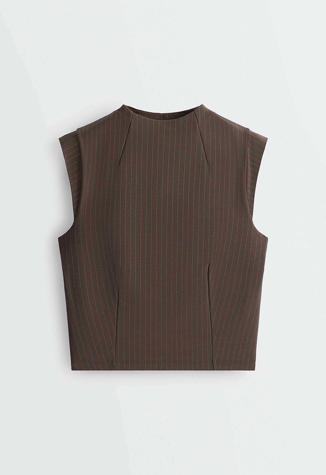 Compressive short-sleeved pinstripe tank top — BROWN
