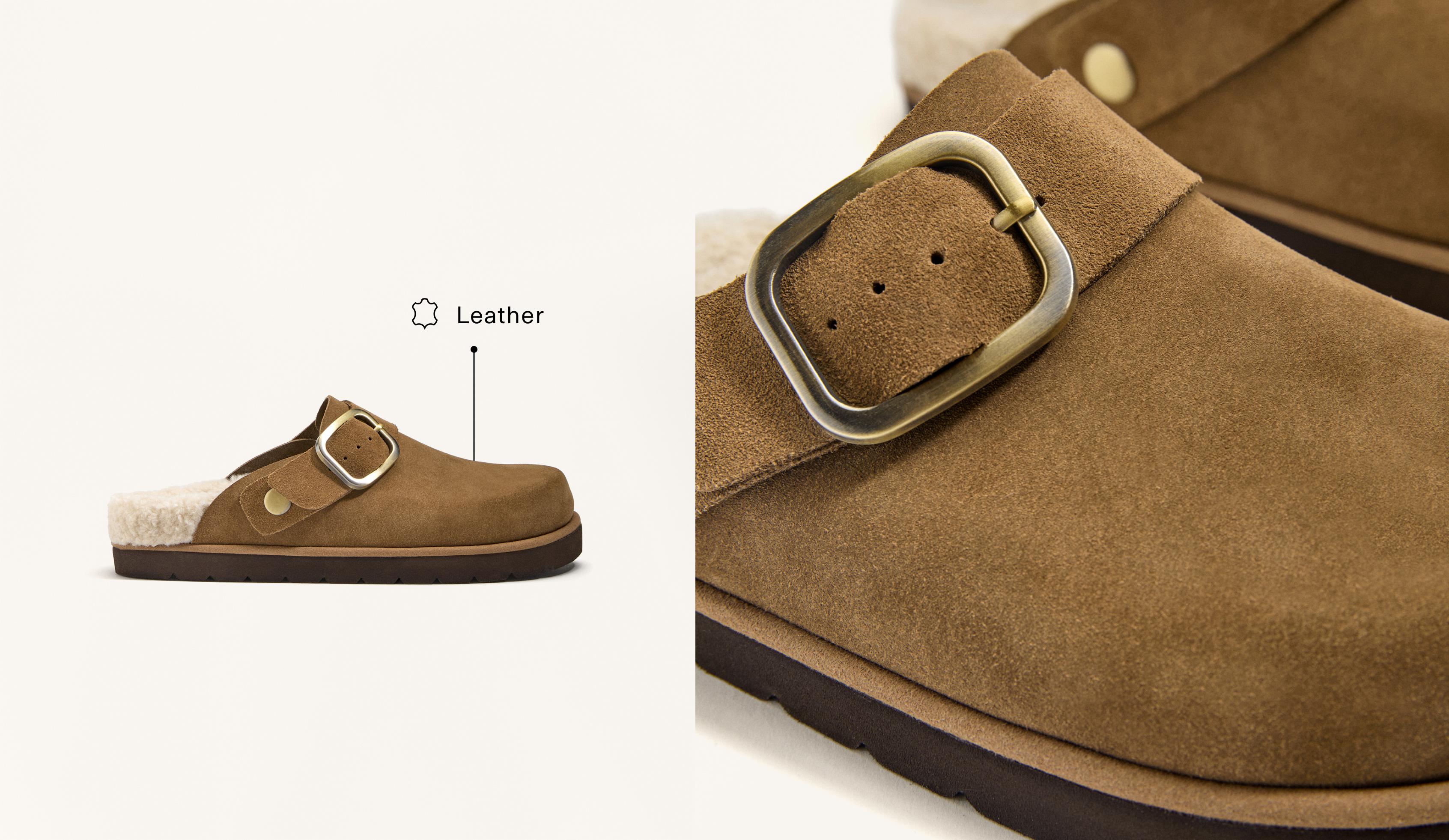 Buckled split-leather faux shearling clogs — TOASTED BROWN