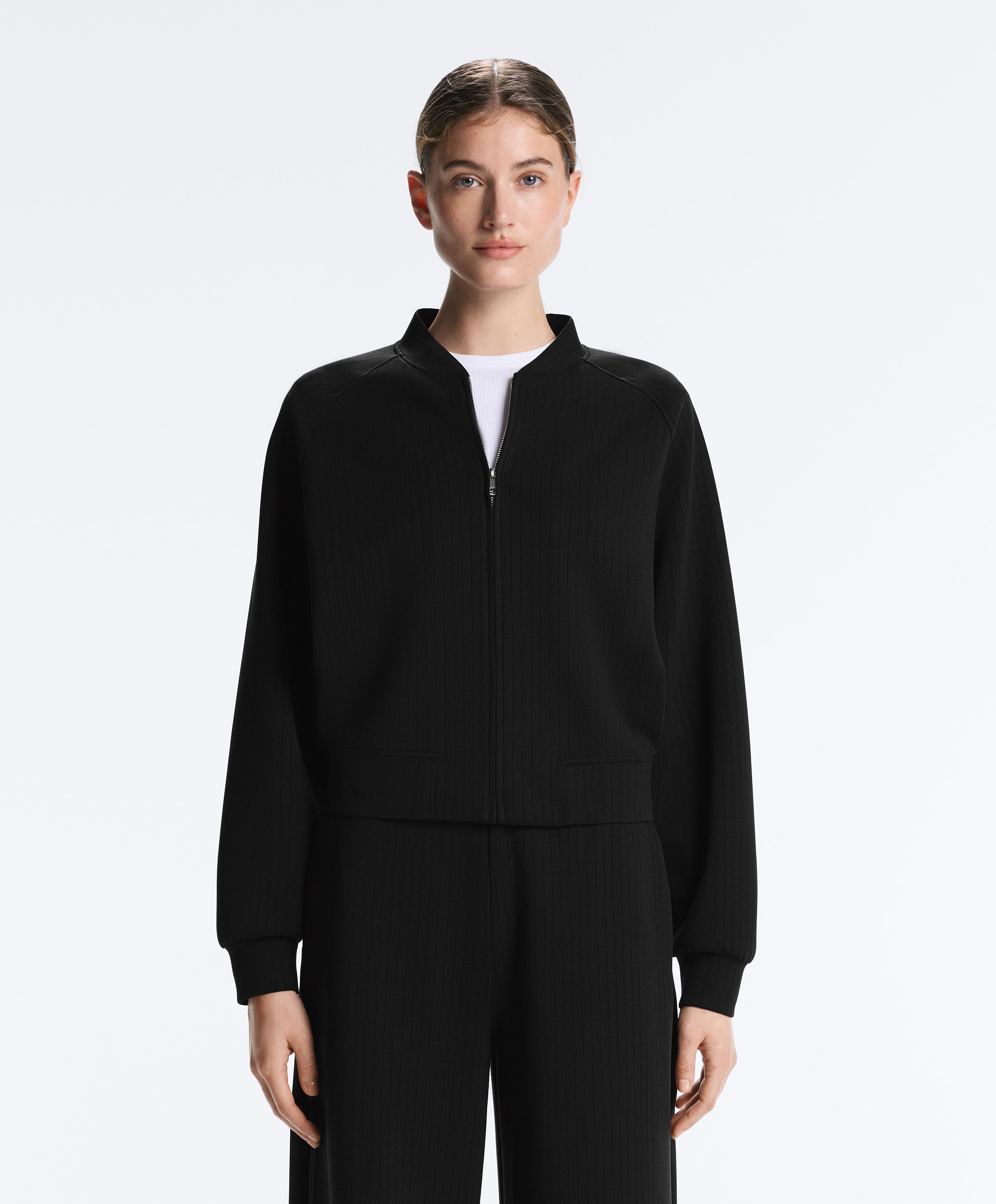 Striped bomber jacket with soft-touch modal — BLACK
