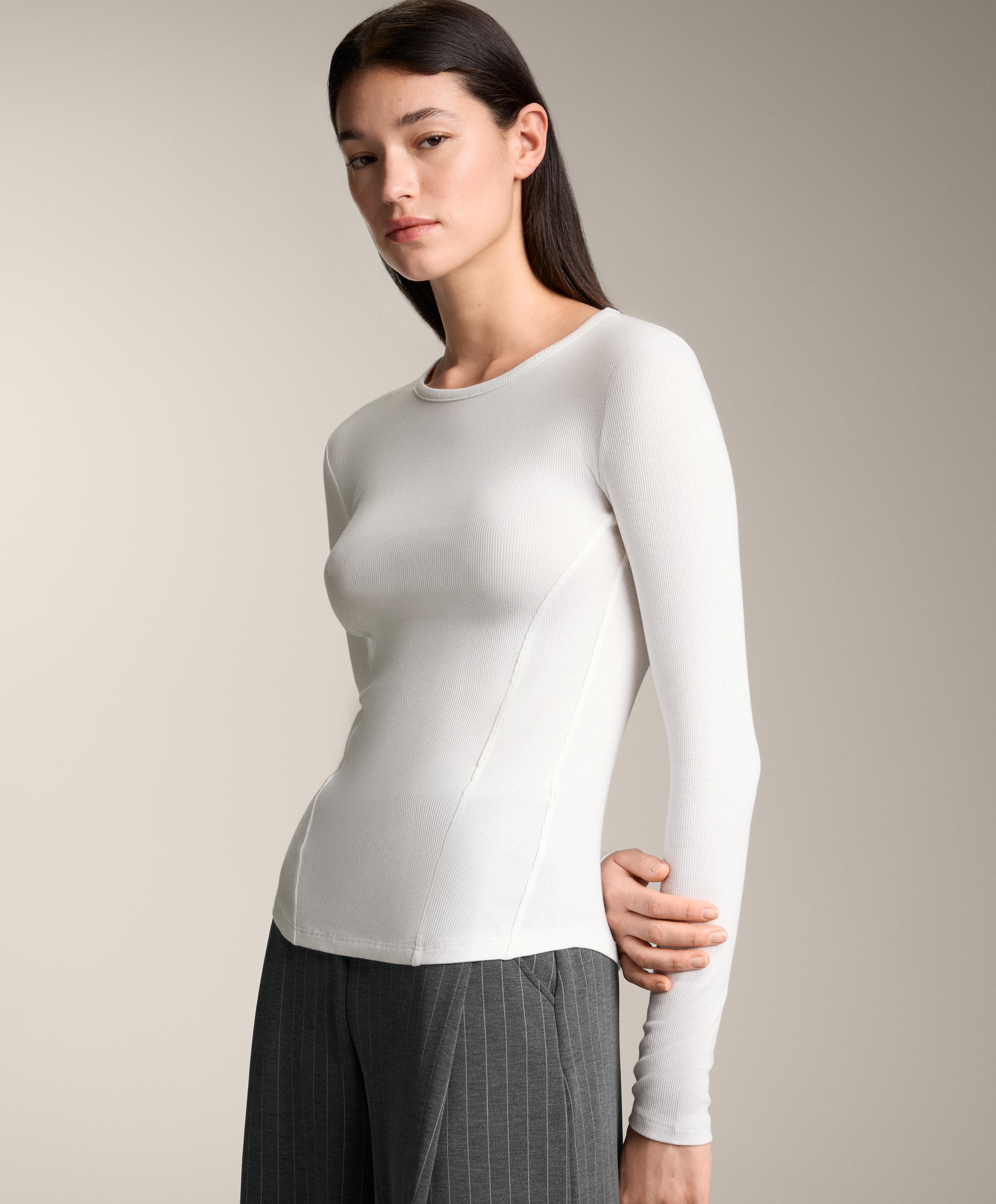 Fitted long sleeve rib T-shirt with cotton and modal — WHITE 