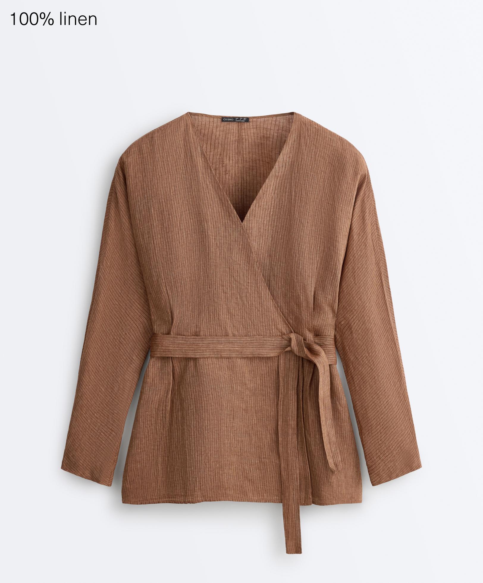 Striped 100% linen kimono shirt — TAN MELANGE