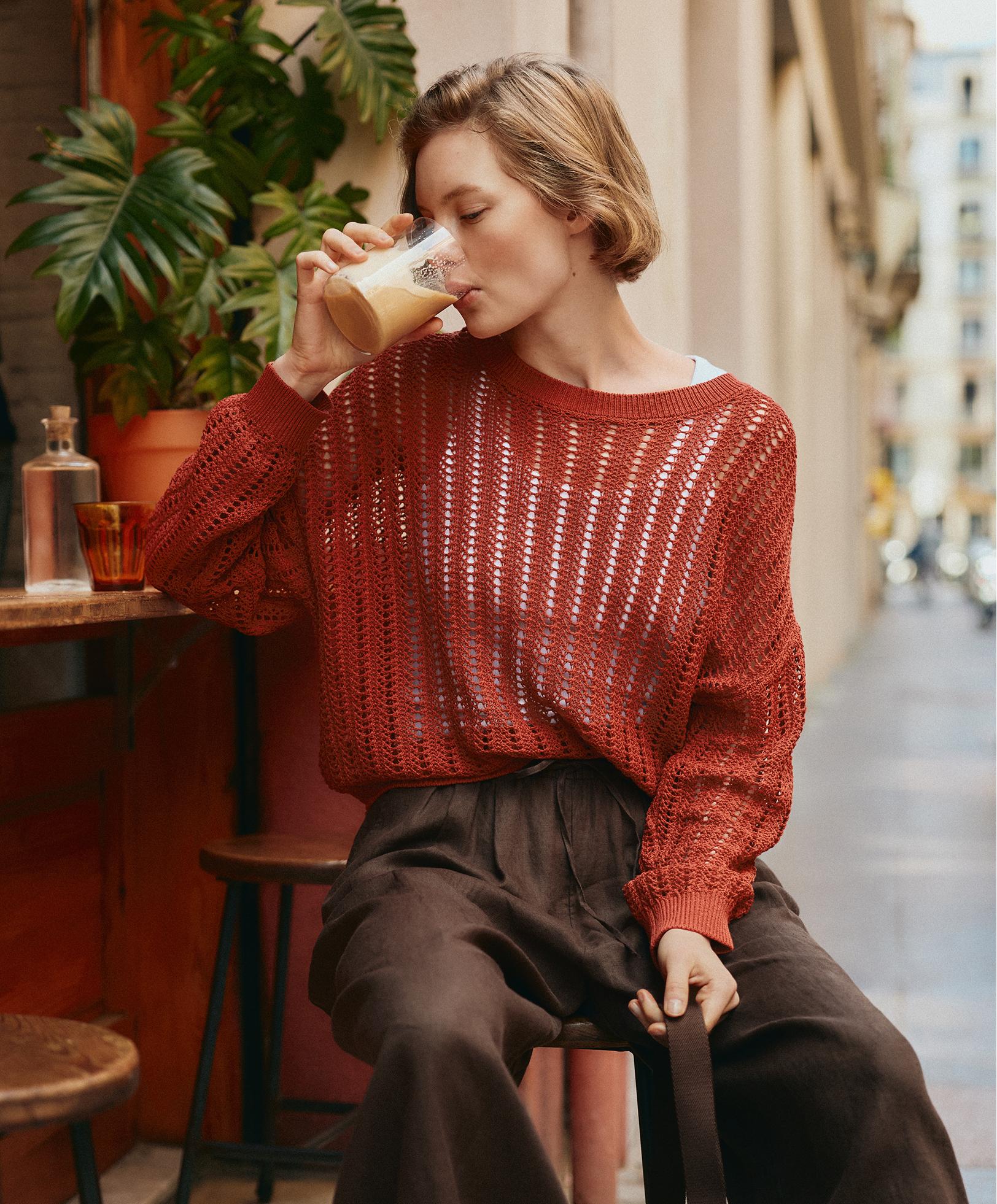 Open knit rib jumper — BURNT ORANGE