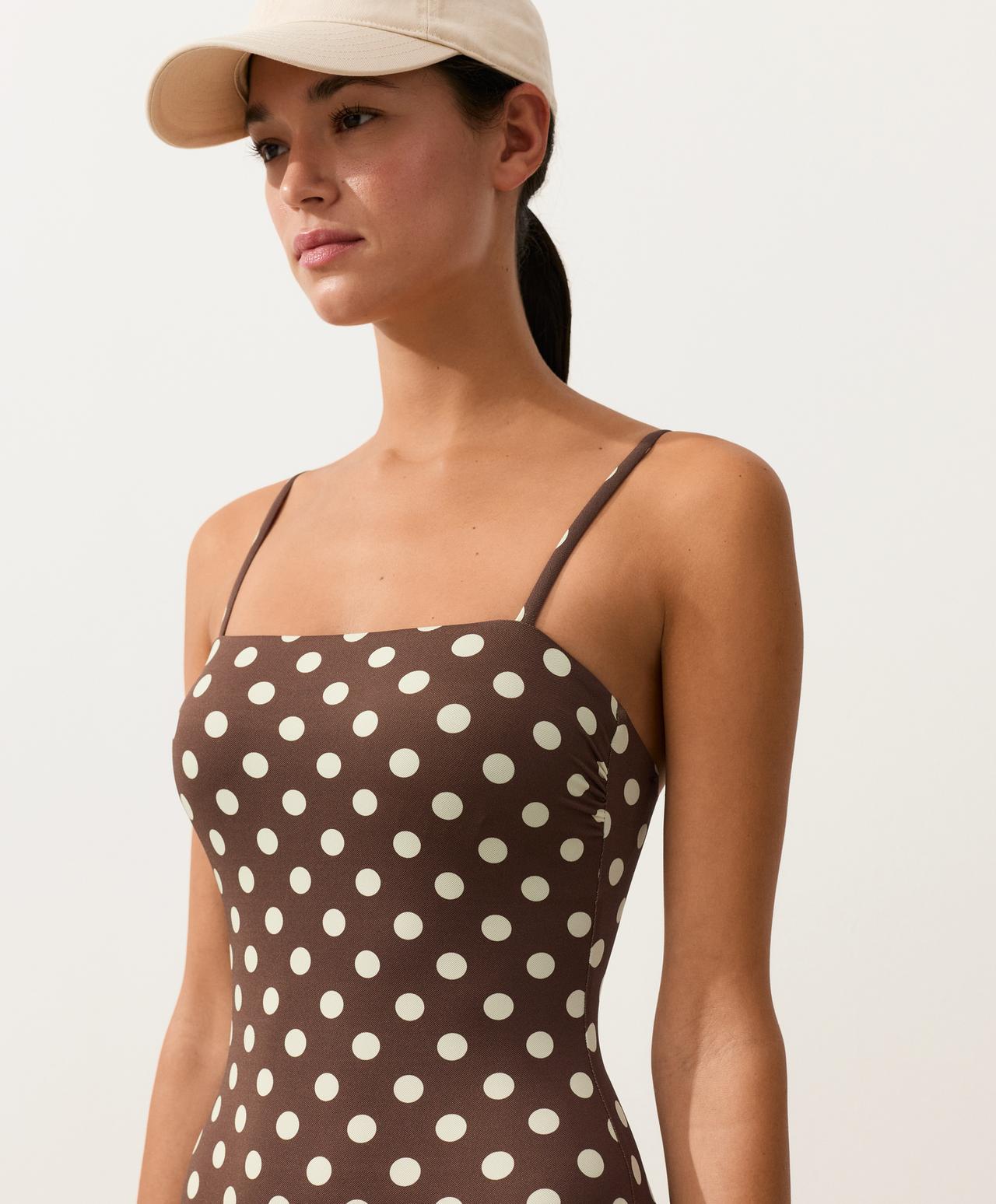 Polka dot piqué bandeau swimsuit — BROWN