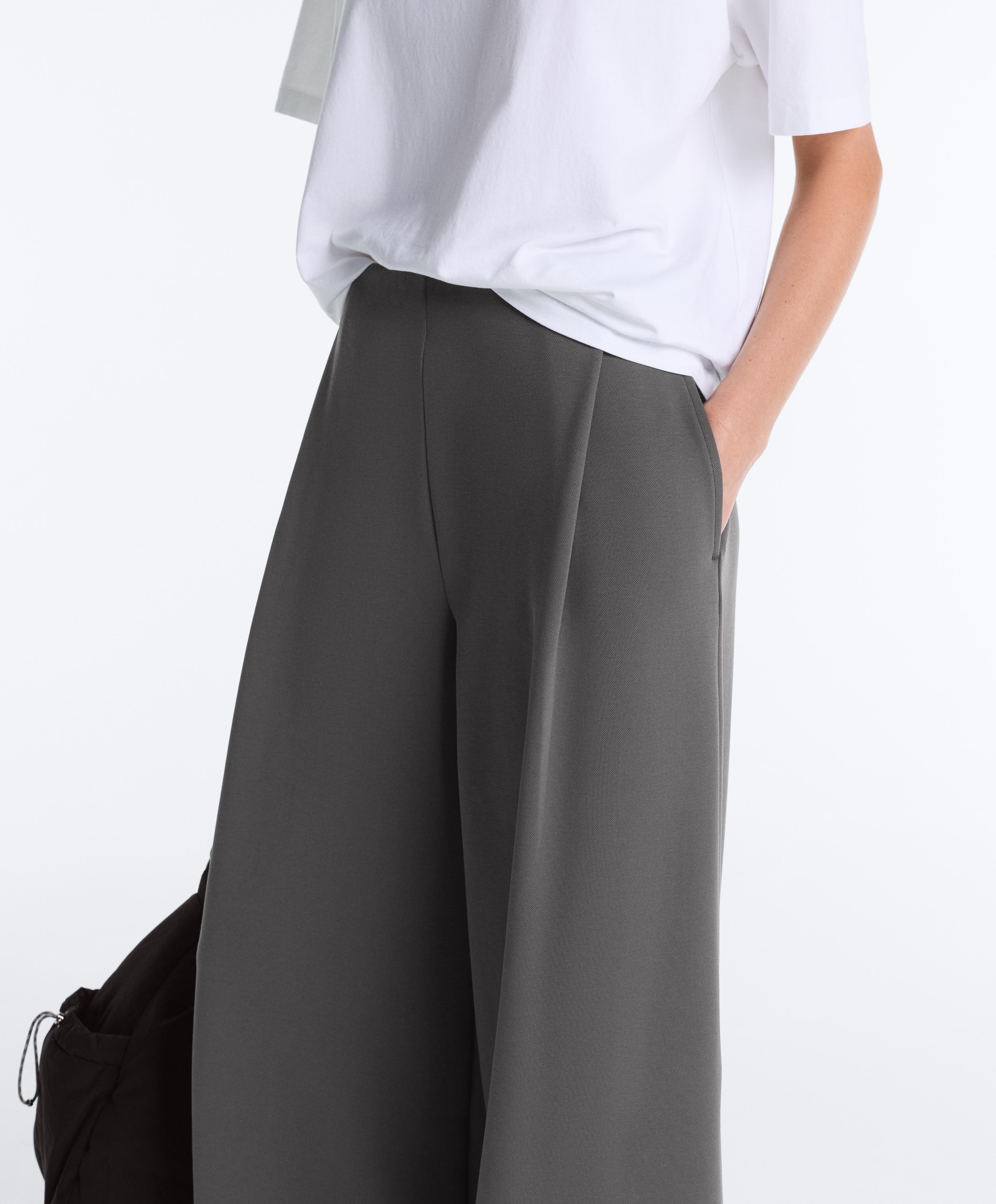 High rise wide-leg piqué cotton trousers — ASPHALT GREY