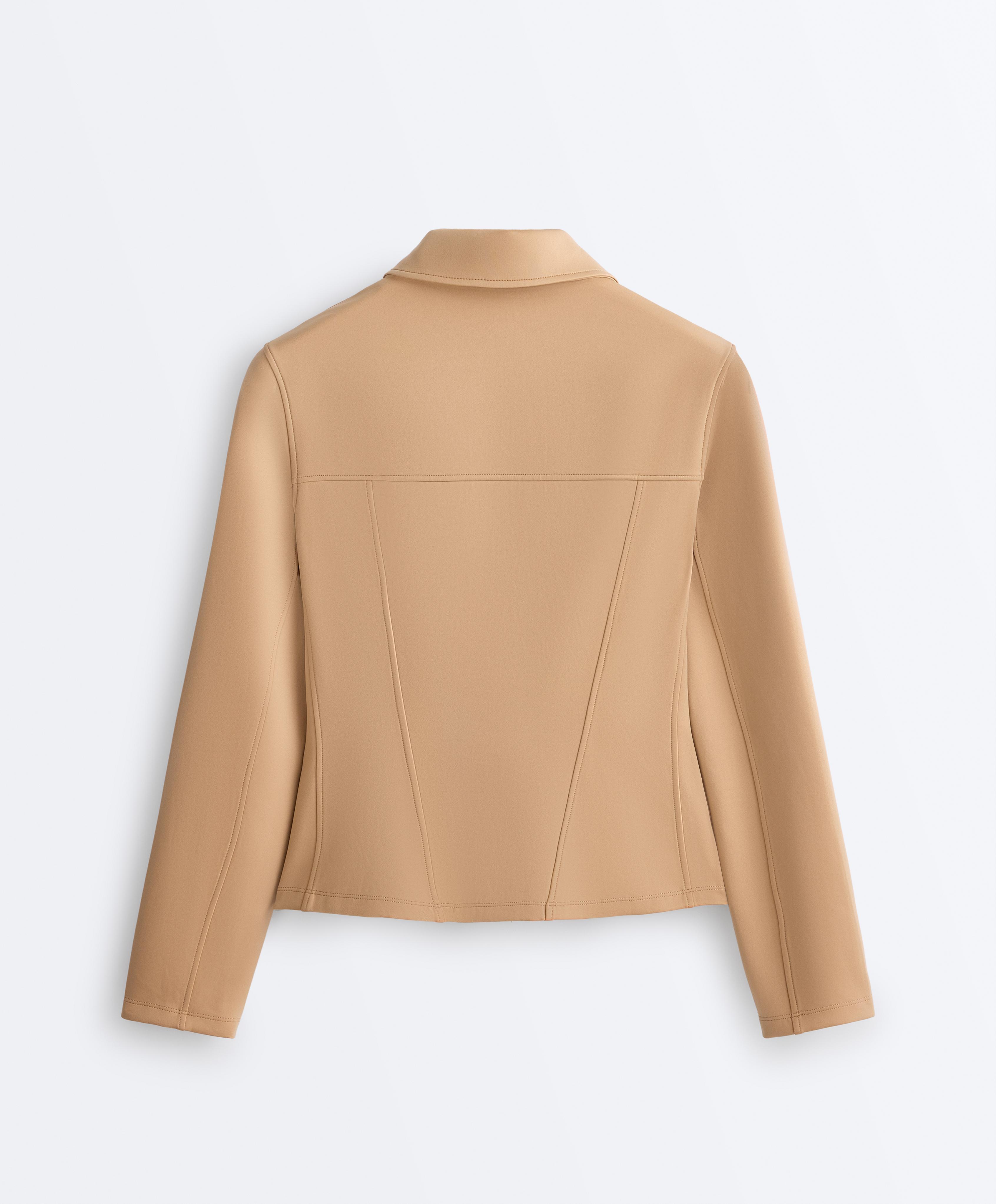 Neoprene-effect peplum jacket with ribbing — PALE CAMEL
