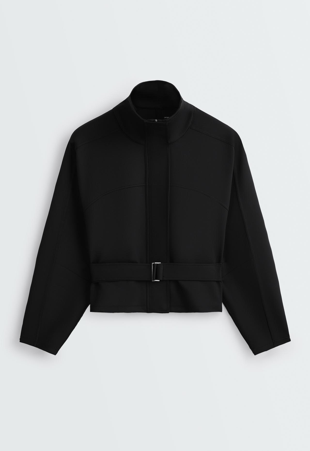 Cropped neoprene-effect jacket with belt — BLACK