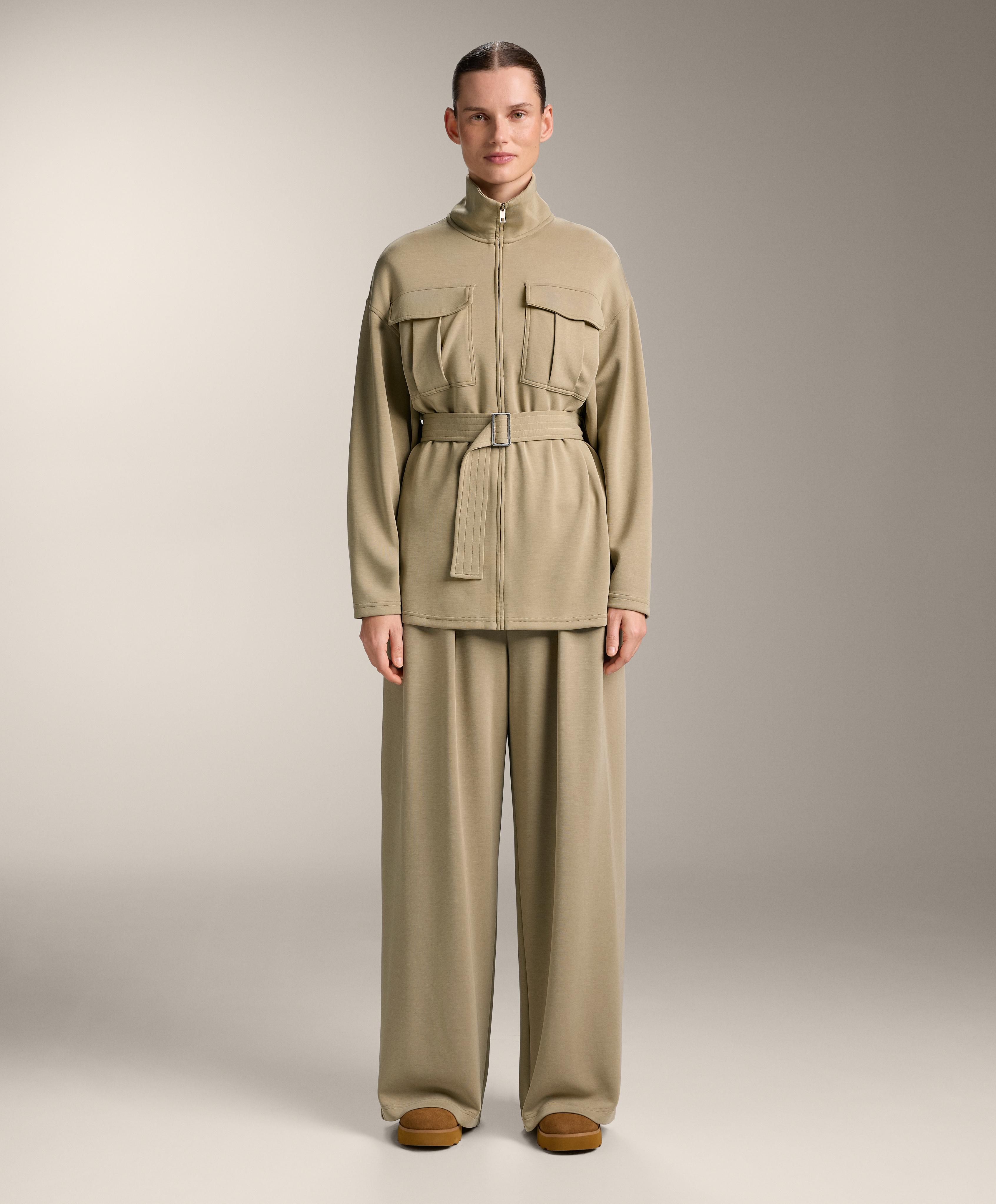 Long soft-touch jacket with modal and belt — GREEN BEIGE