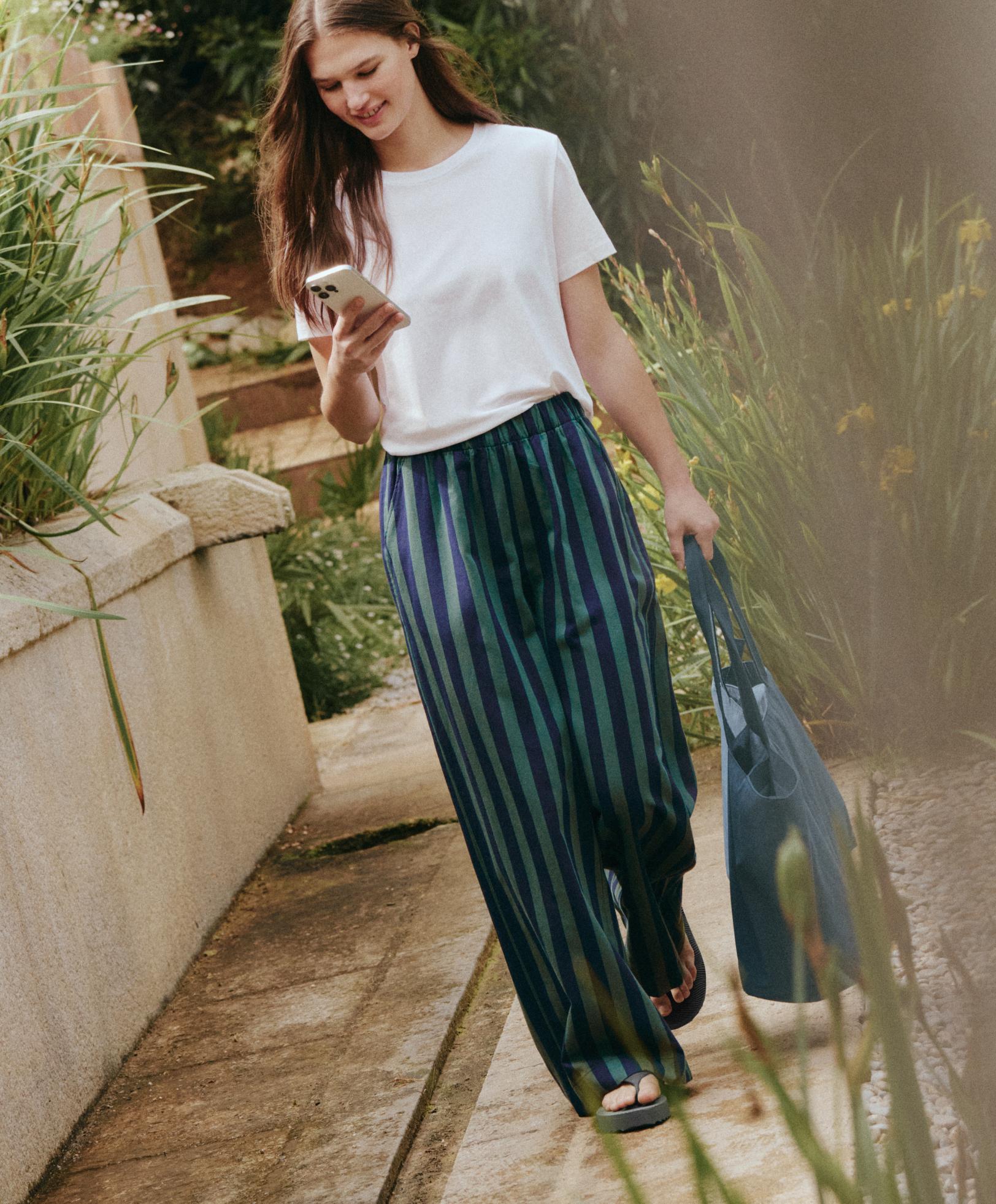 Wide-leg cotton blend striped trousers — GREEN