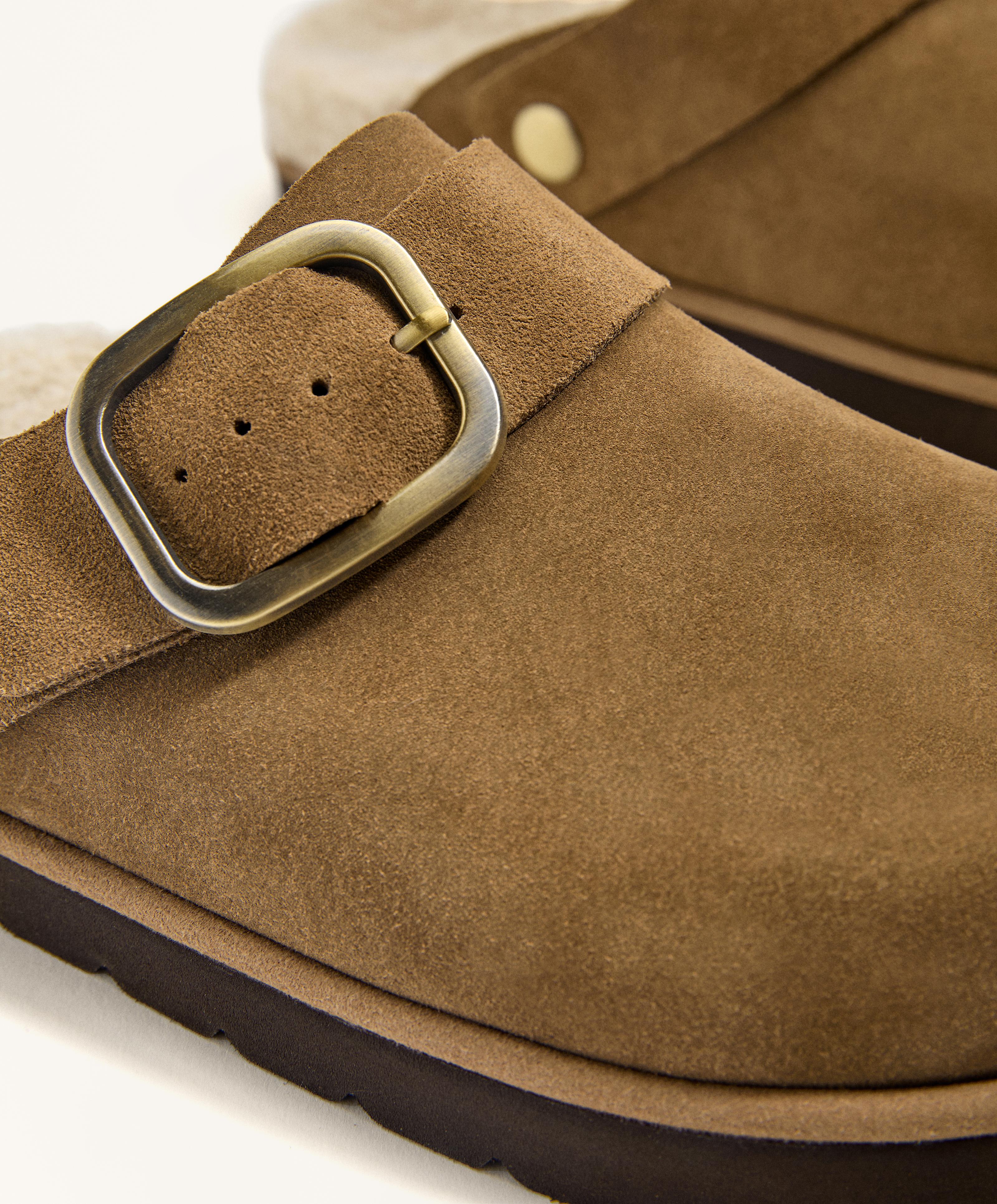 Buckled split-leather faux shearling clogs — TOASTED BROWN