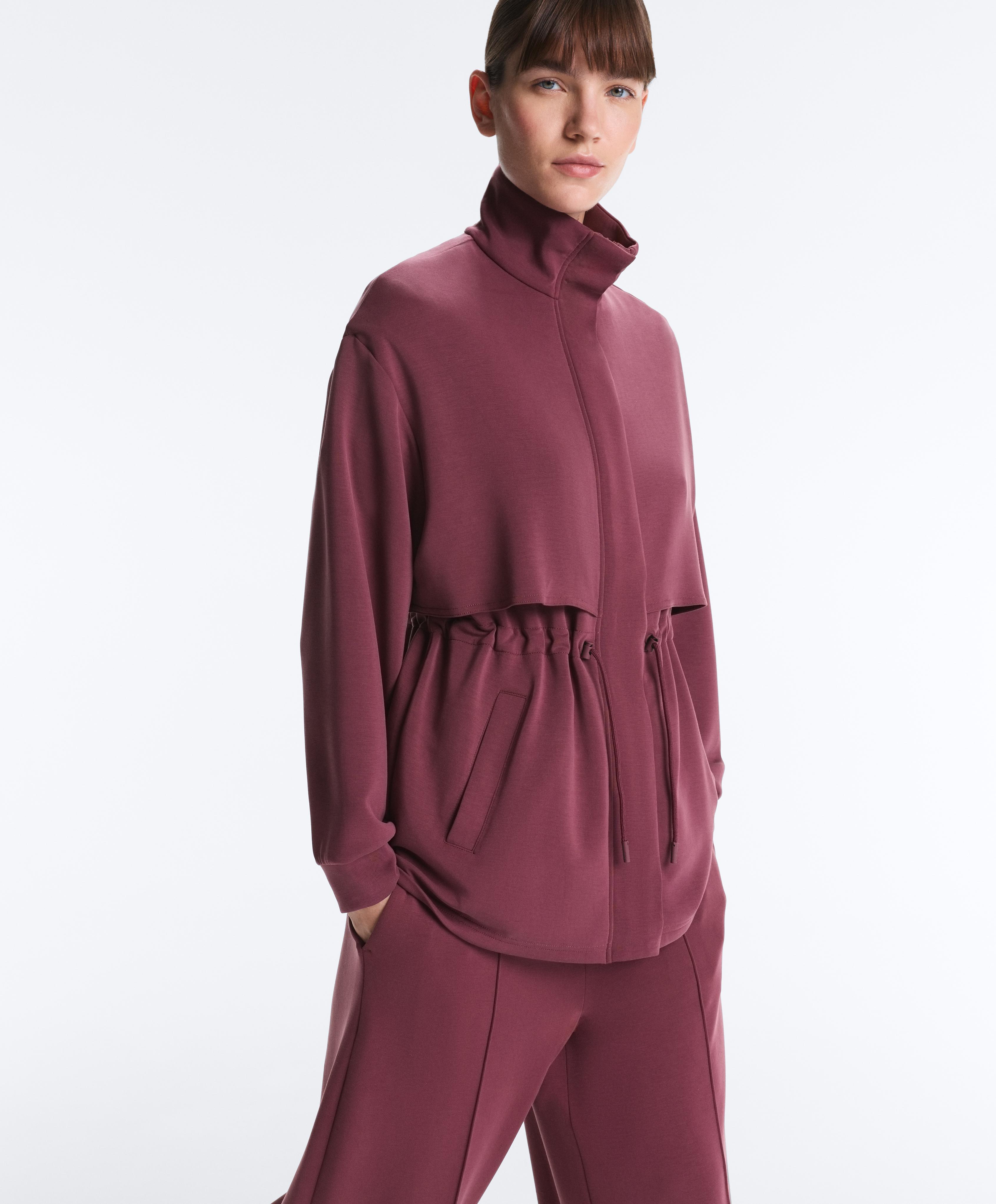 Long soft-touch jacket with modal and pockets — CHERRY