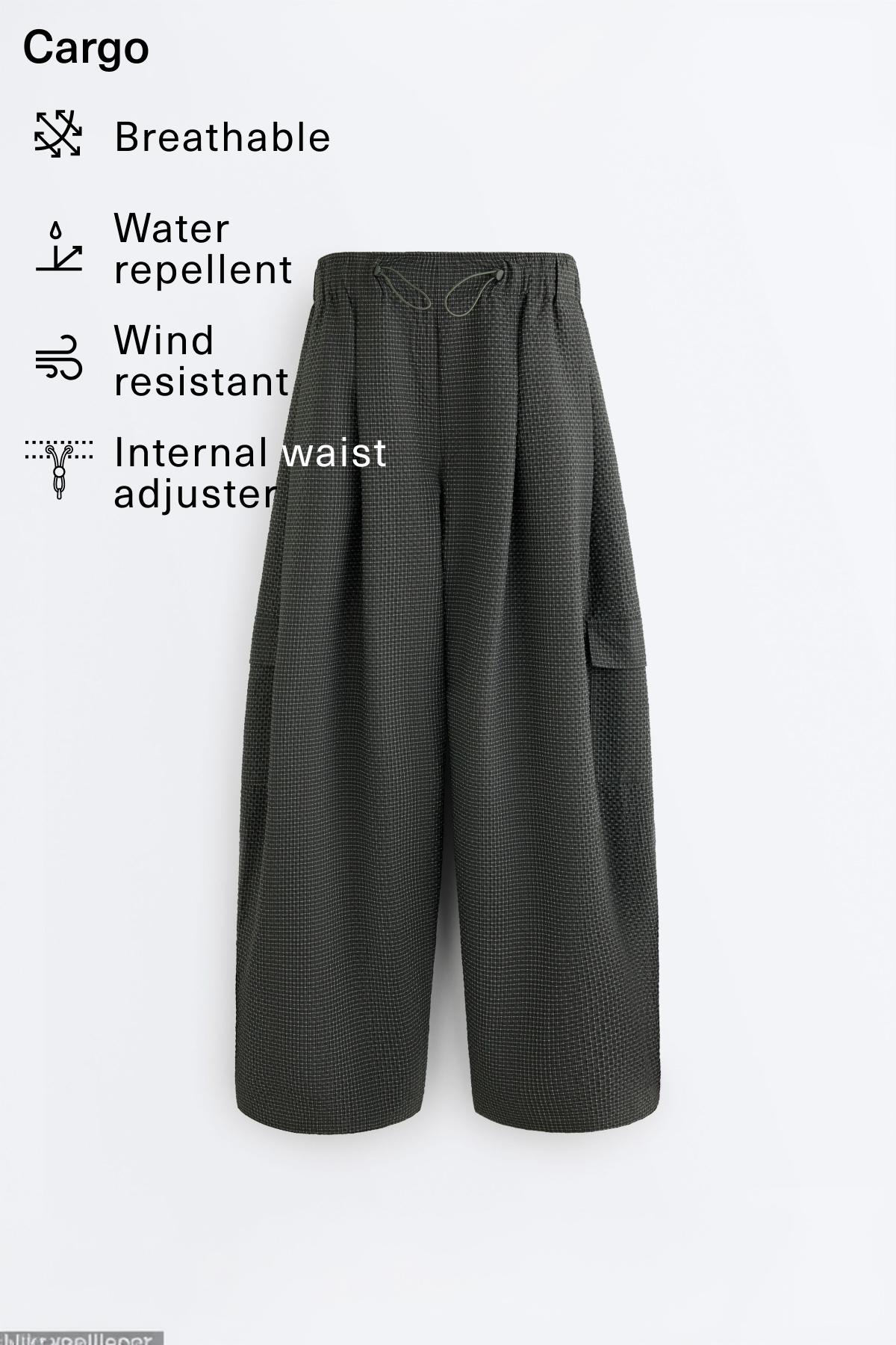 Water-repellent checked nylon long cargo trousers — BLACK