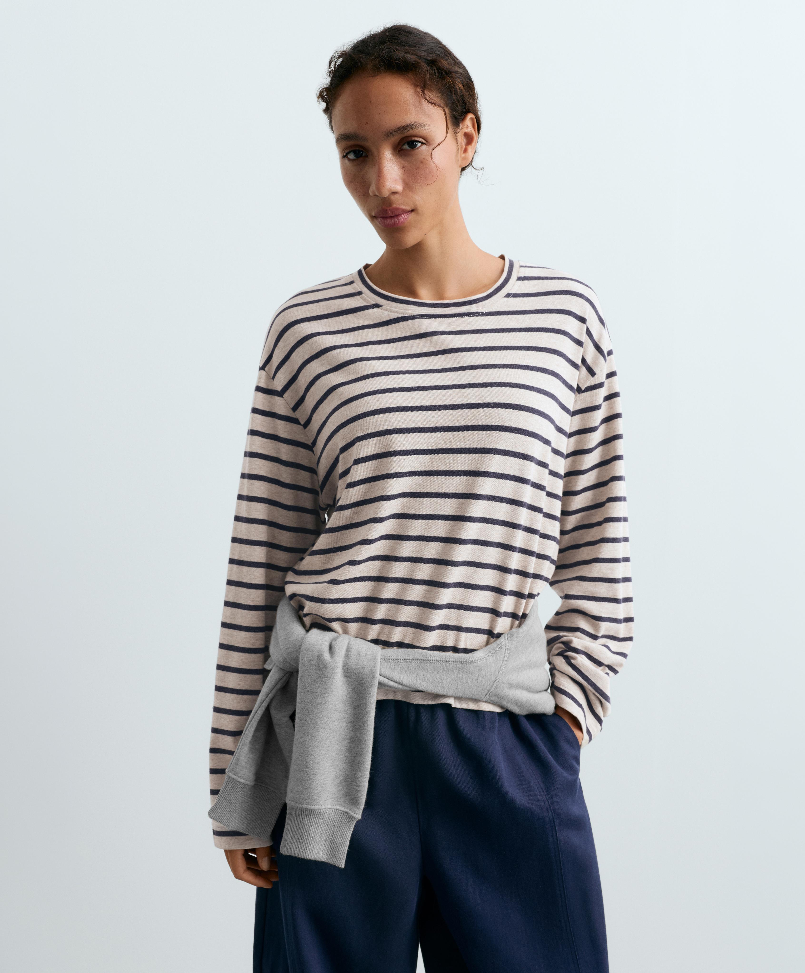Striped cotton-blend long-sleeved T-shirt — MINK MELANGE