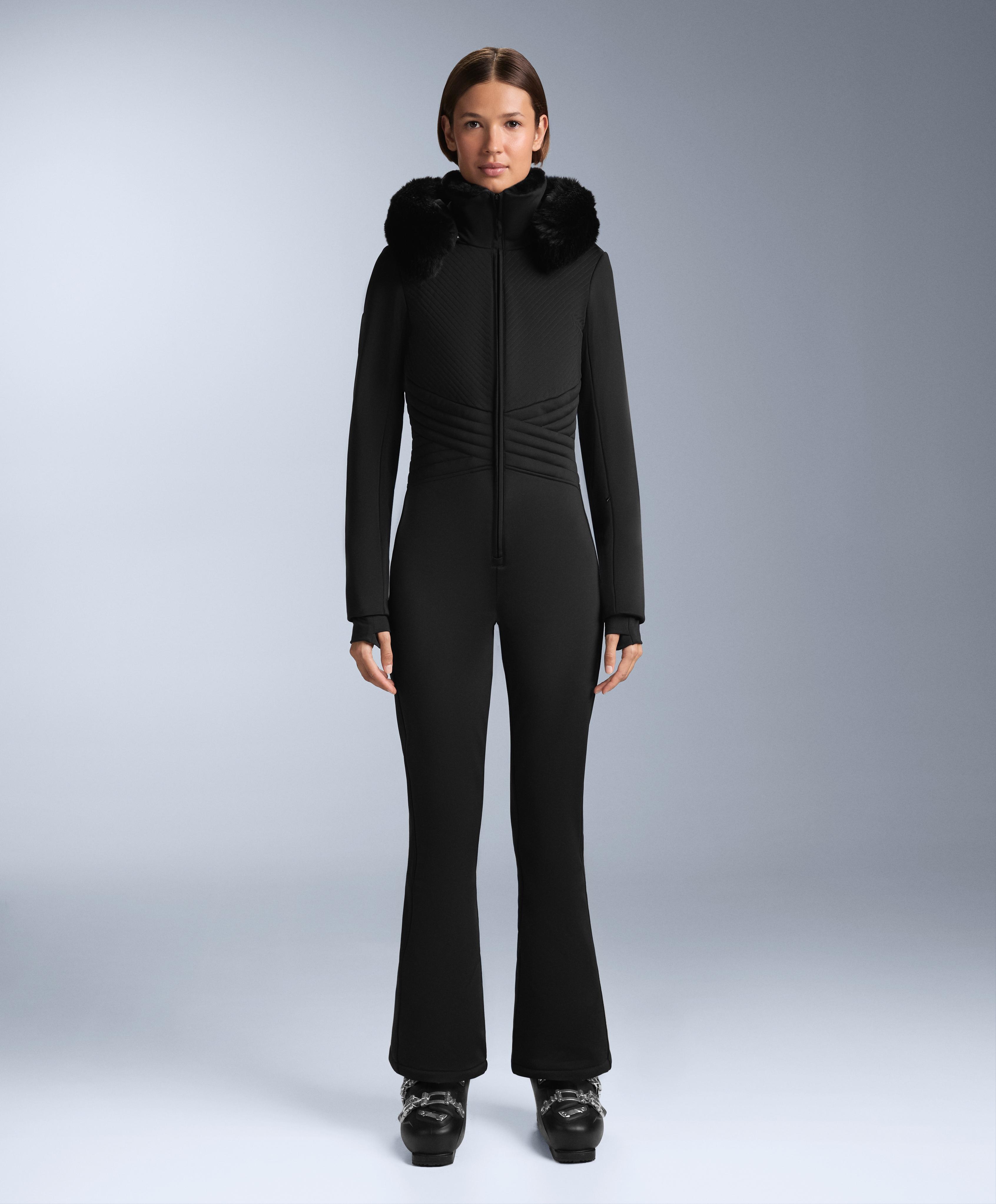 Water-resistant fitted stretch SKI jumpsuit — BLACK