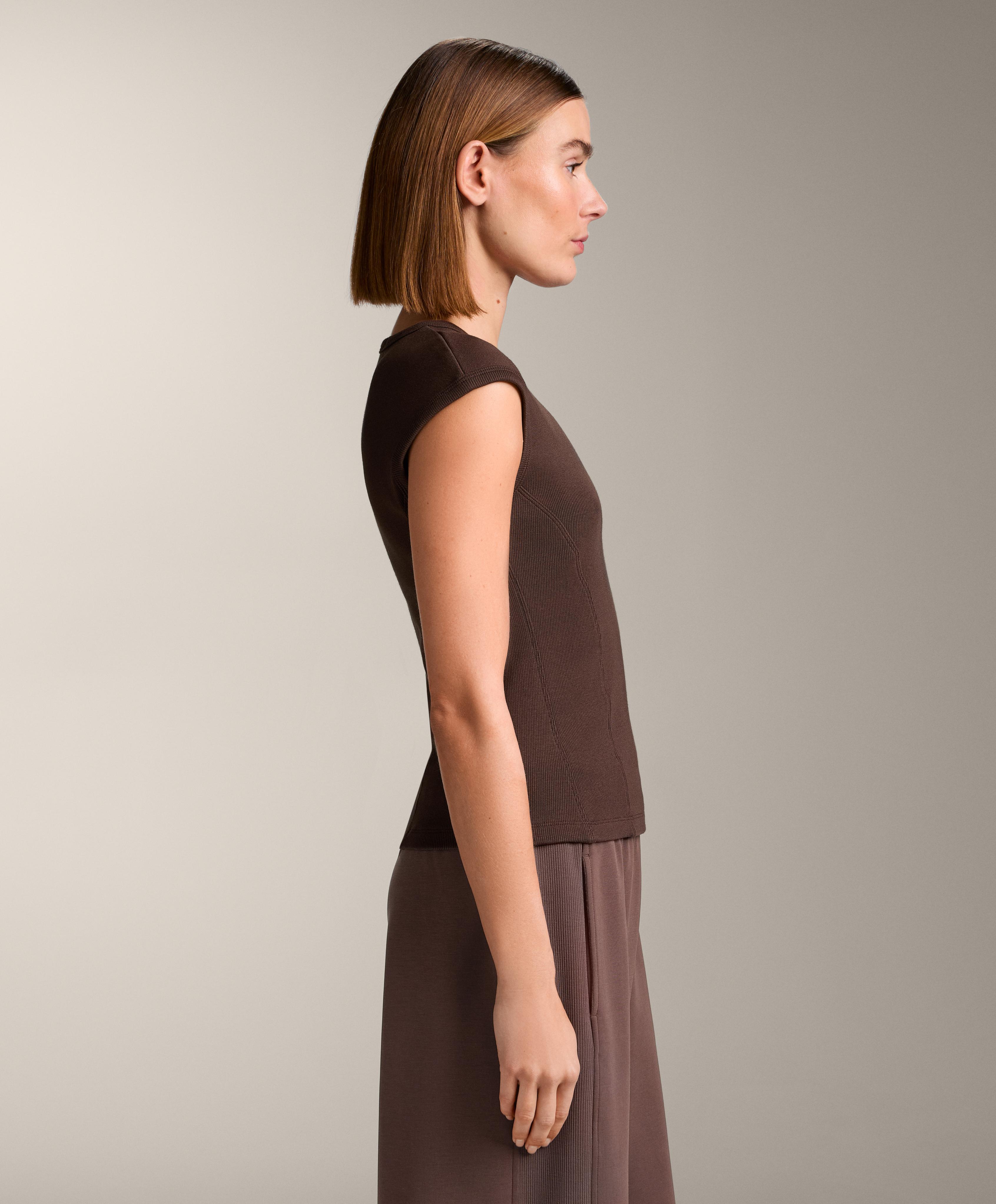 Short-sleeved rib top with cotton and modal — BROWN