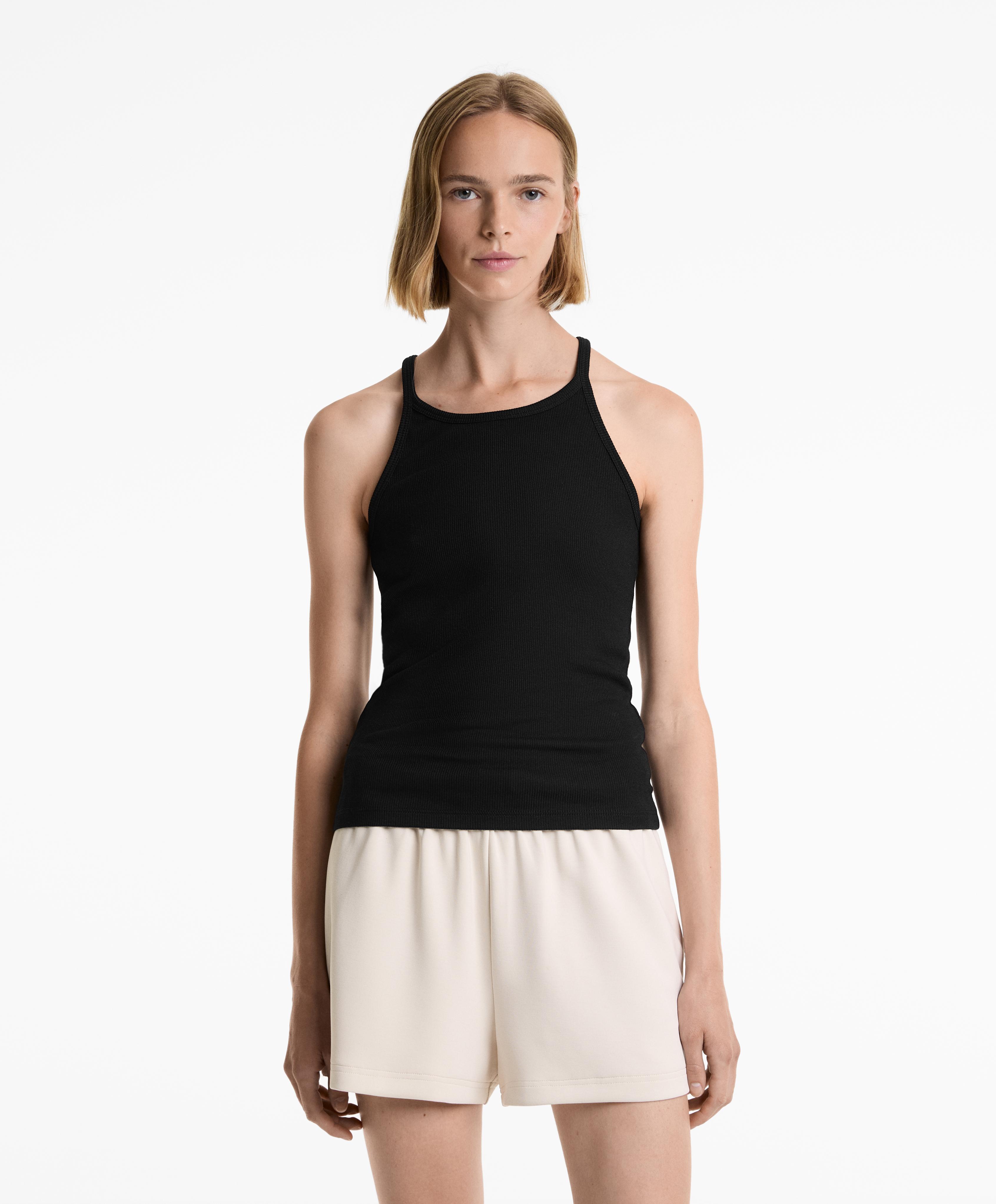 T-shirt a costine con spalline sottili in cotone e modal